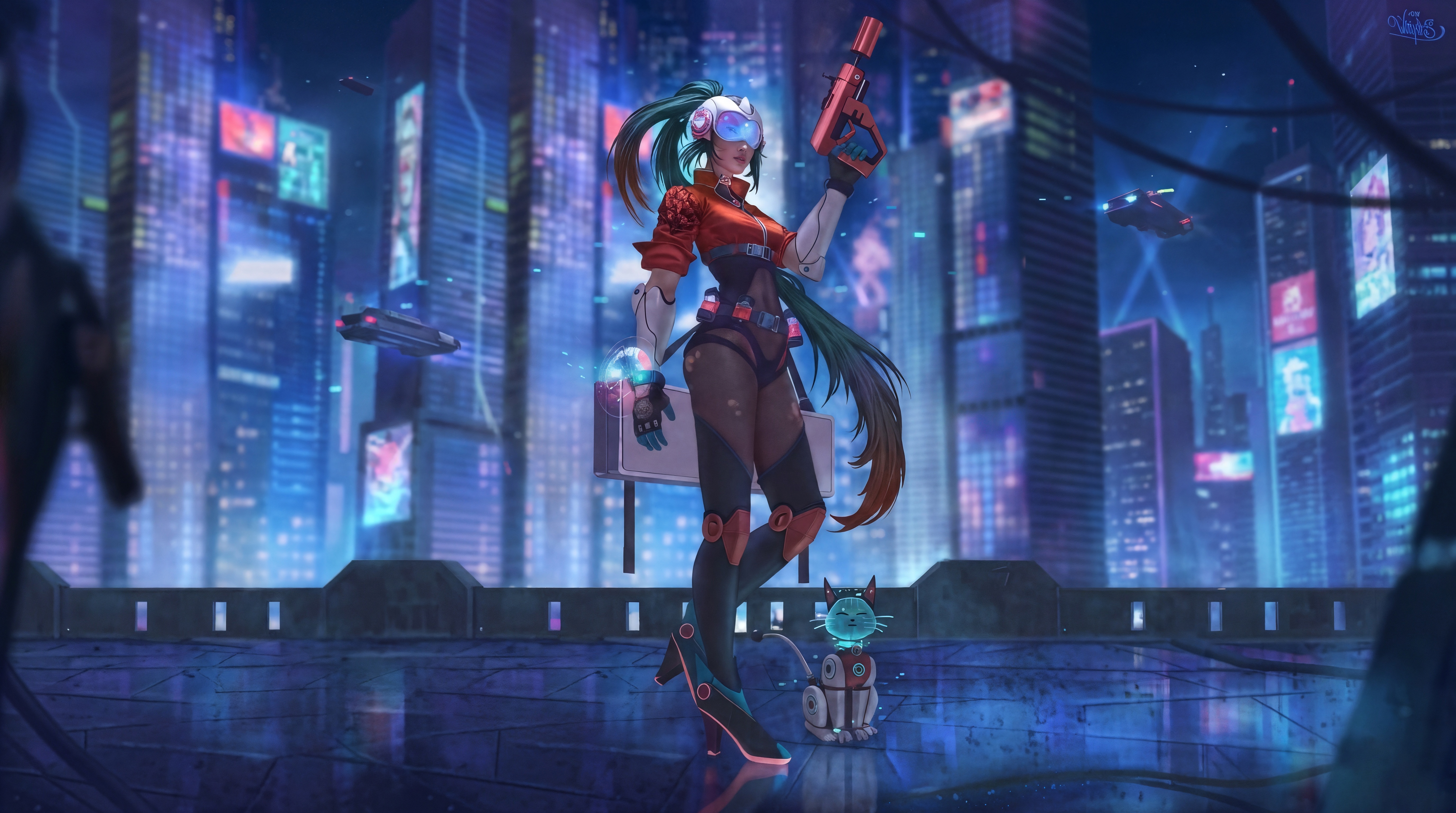 Cyberpunk Female Warrior with Cat in Neon City HD Wallpaper