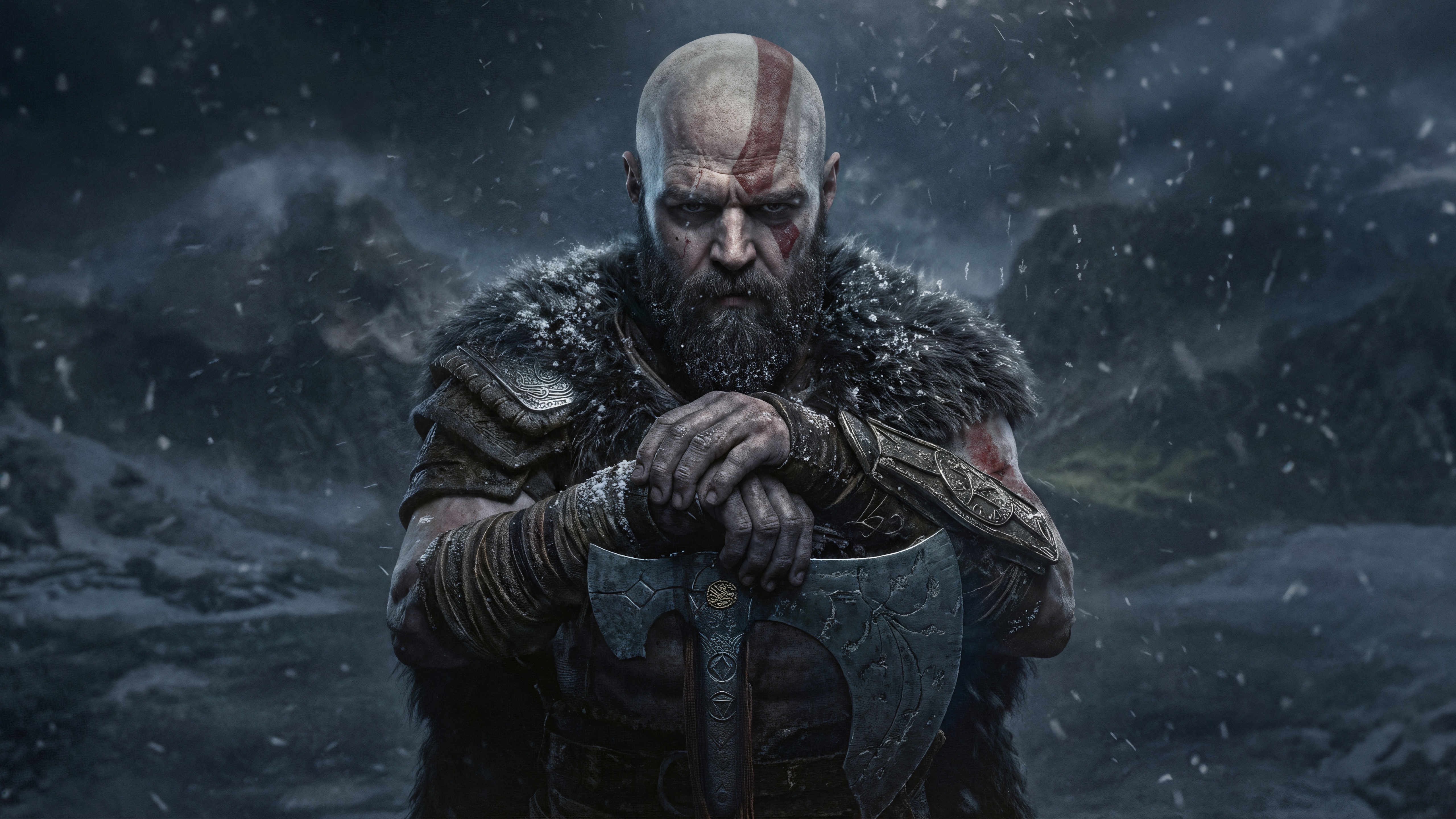 Kratos with Leviathan Axe in Snowy Mountains HD Wallpaper