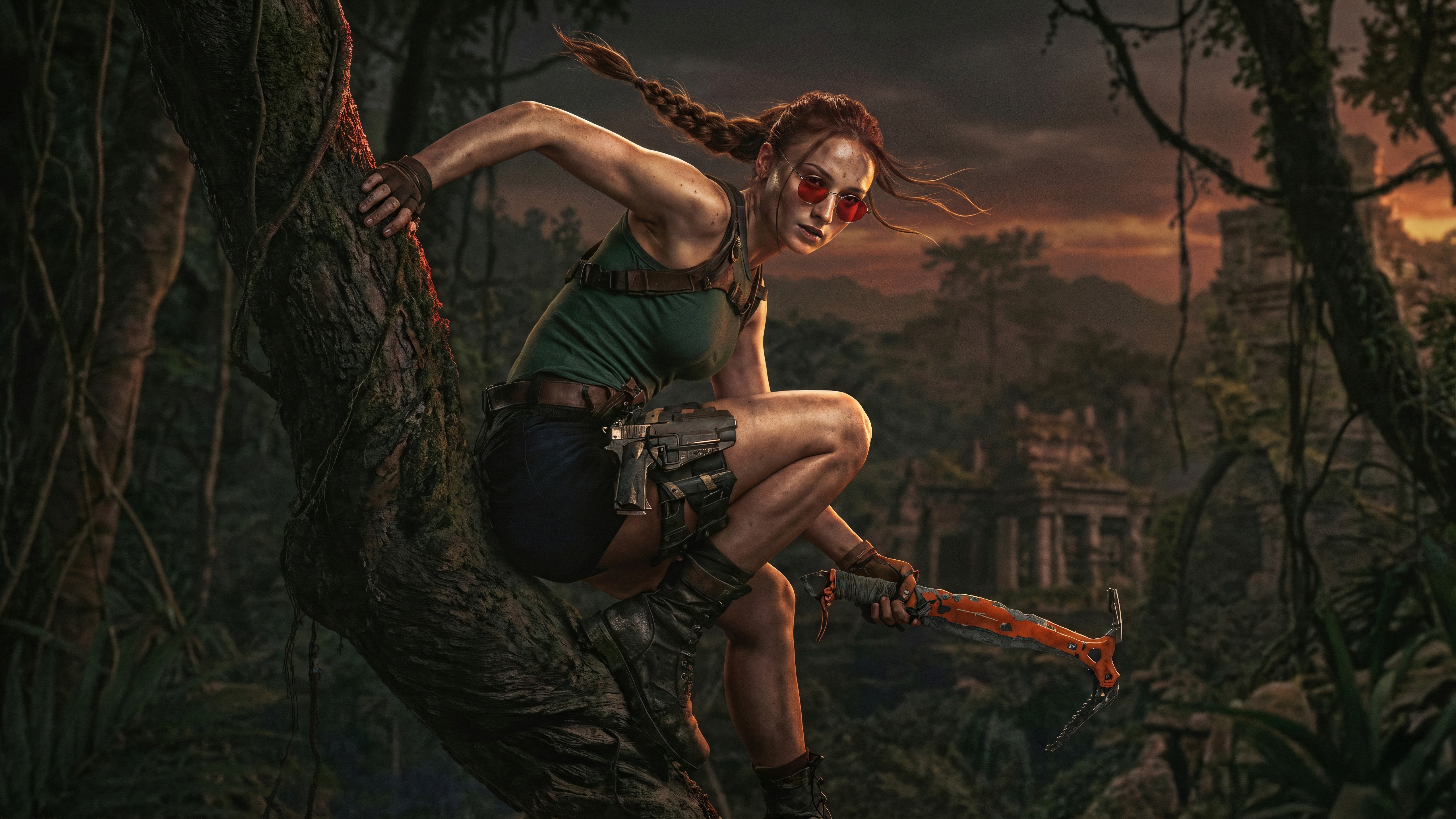 Lara Croft in a Jungle with Ancient Ruins HD Wallpaper
