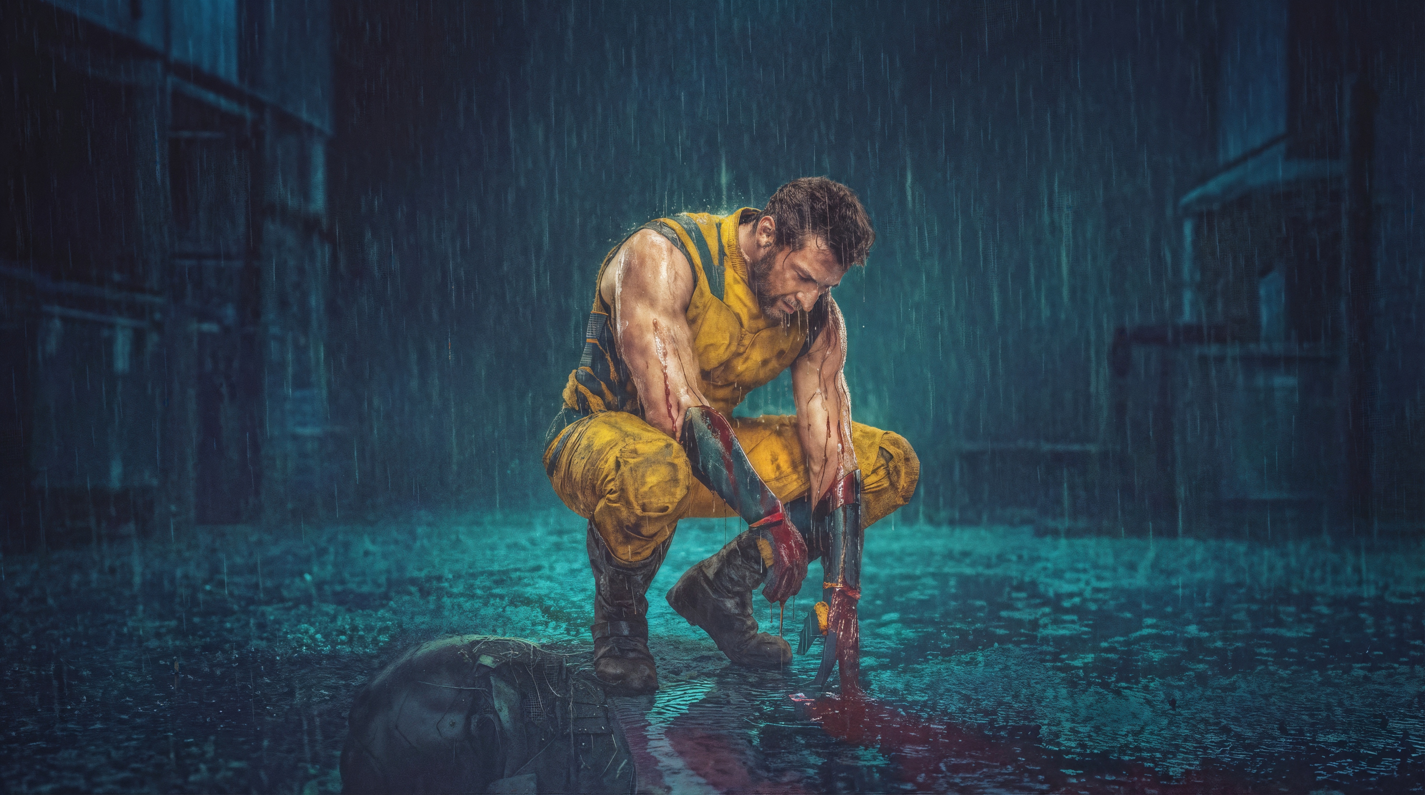 Wolverine Crouching in the Rain with Blood HD Wallpaper