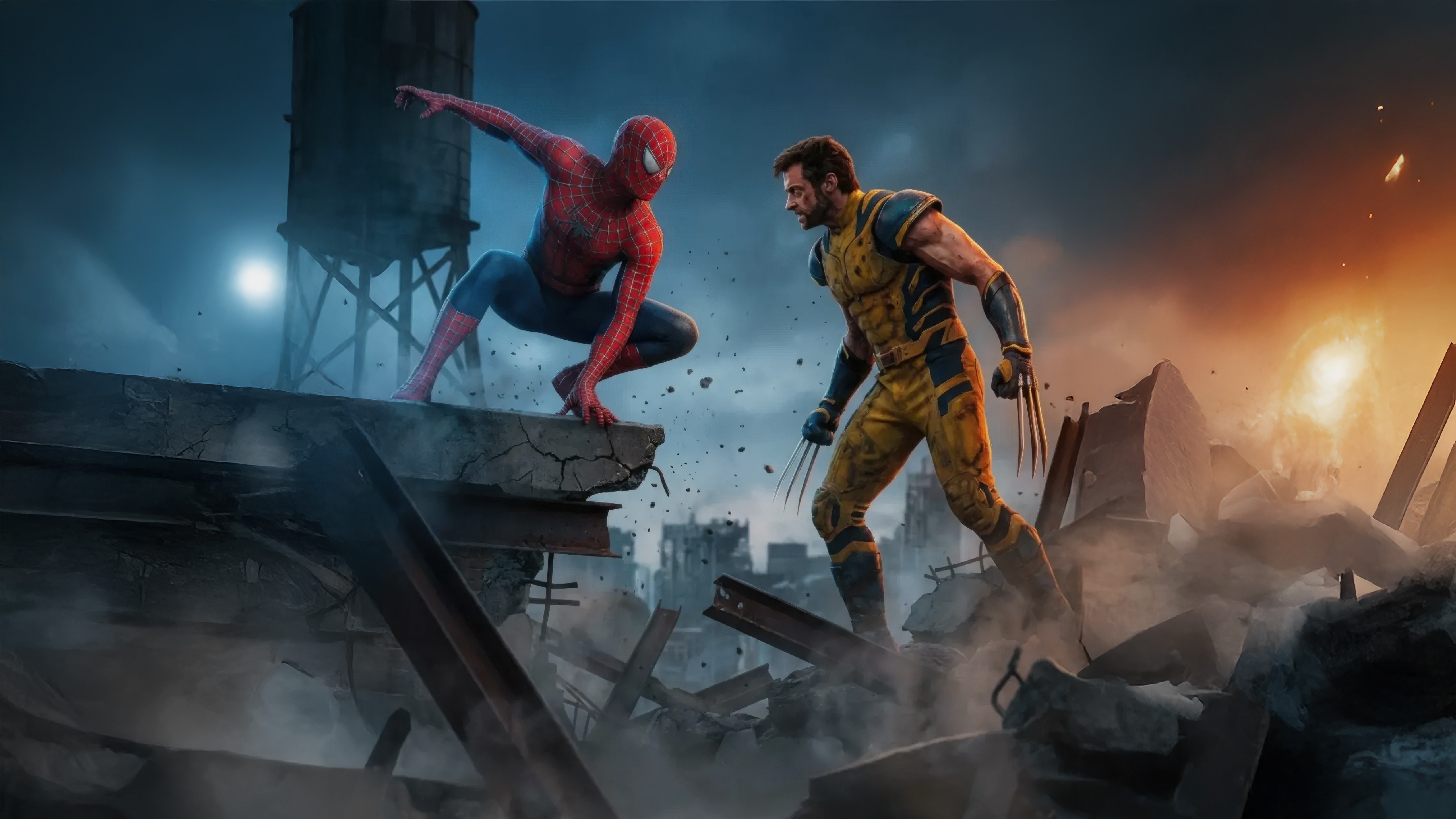 Spider-Man and Wolverine face off in a ruined city HD Wallpaper