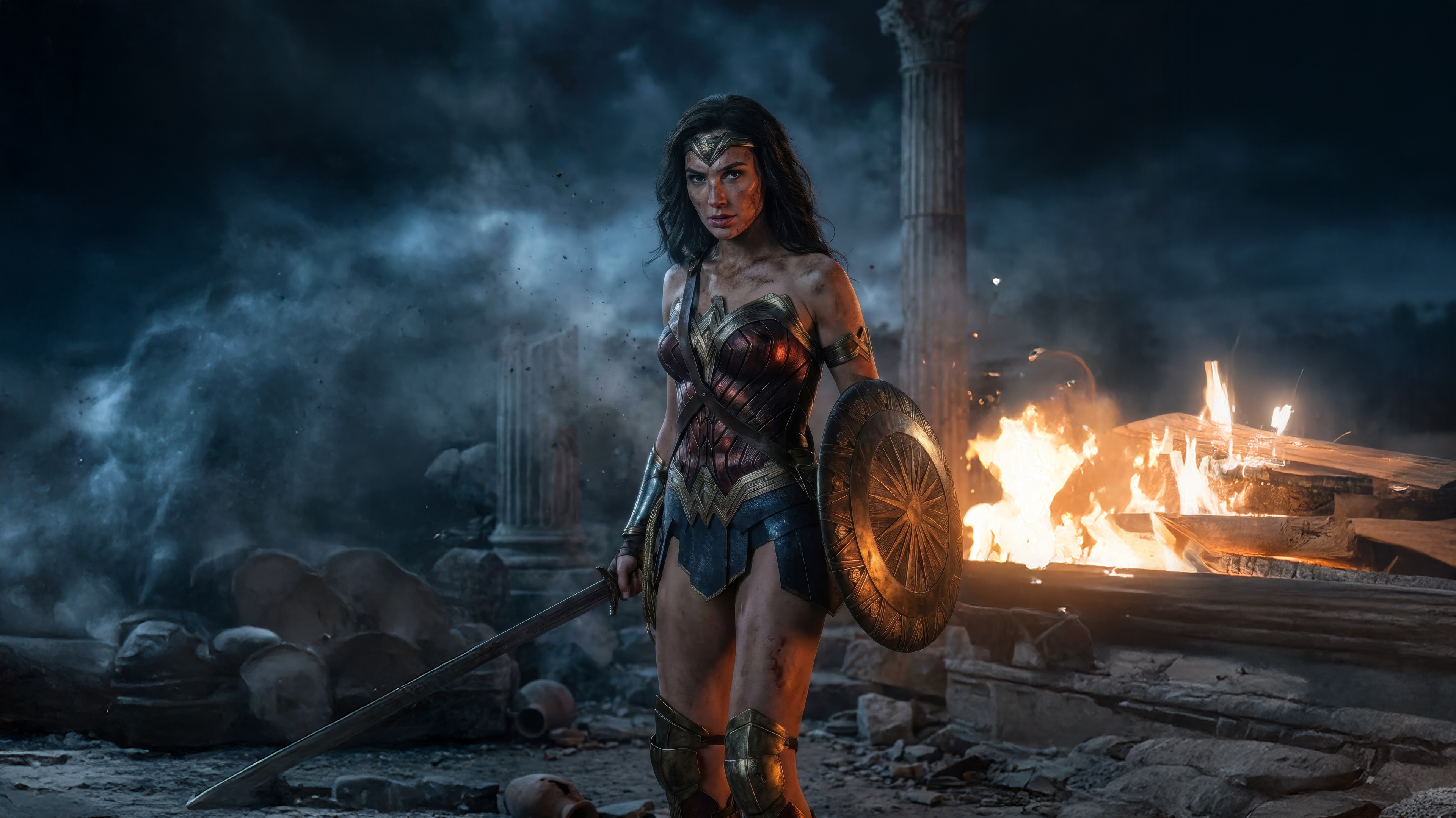 Wonder Woman in a battle-torn landscape HD Wallpaper