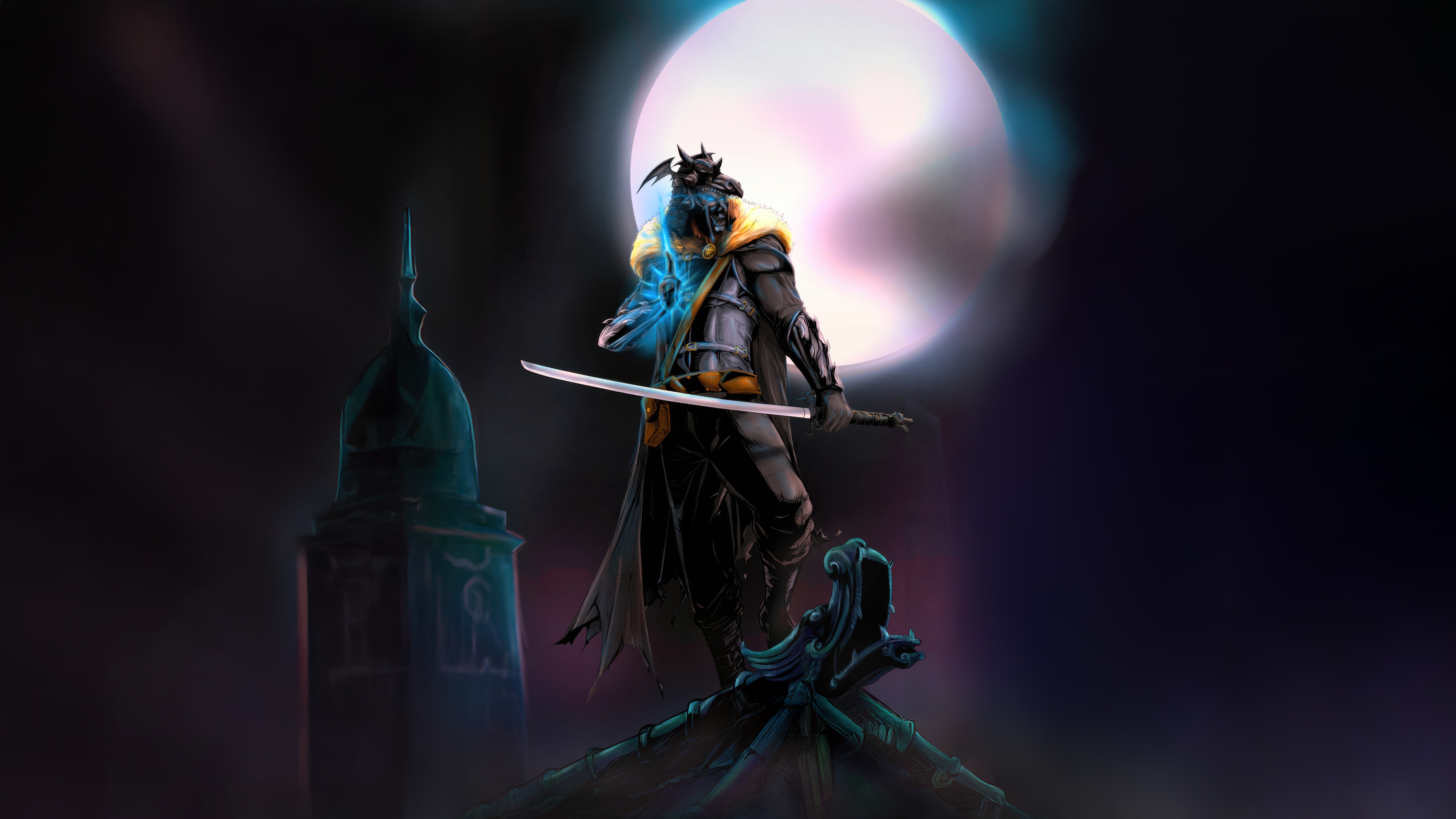 Shinobi warrior with glowing hand and sword at night HD Wallpaper