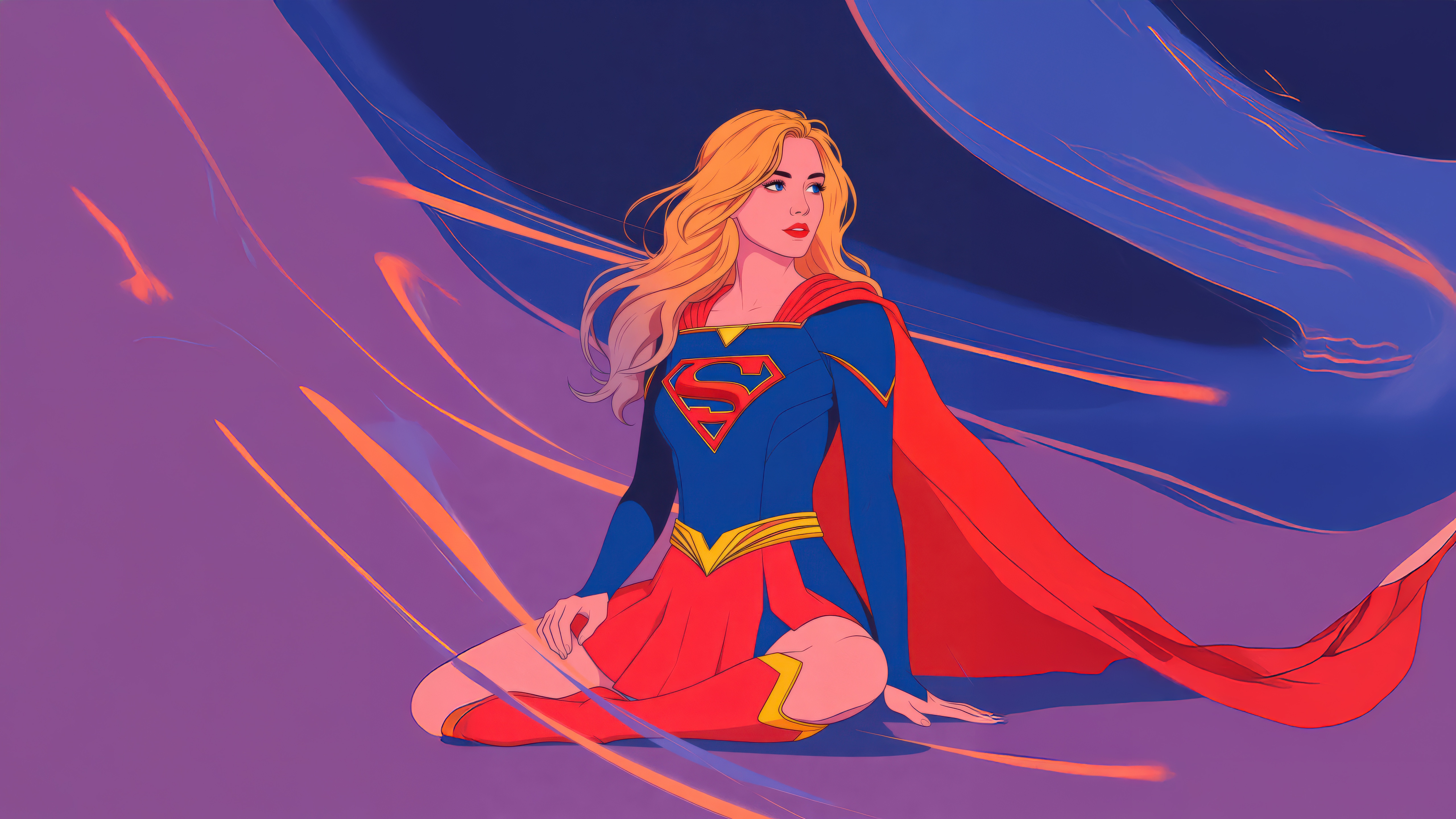 Supergirl in a blue and red costume with a red cape HD Wallpaper