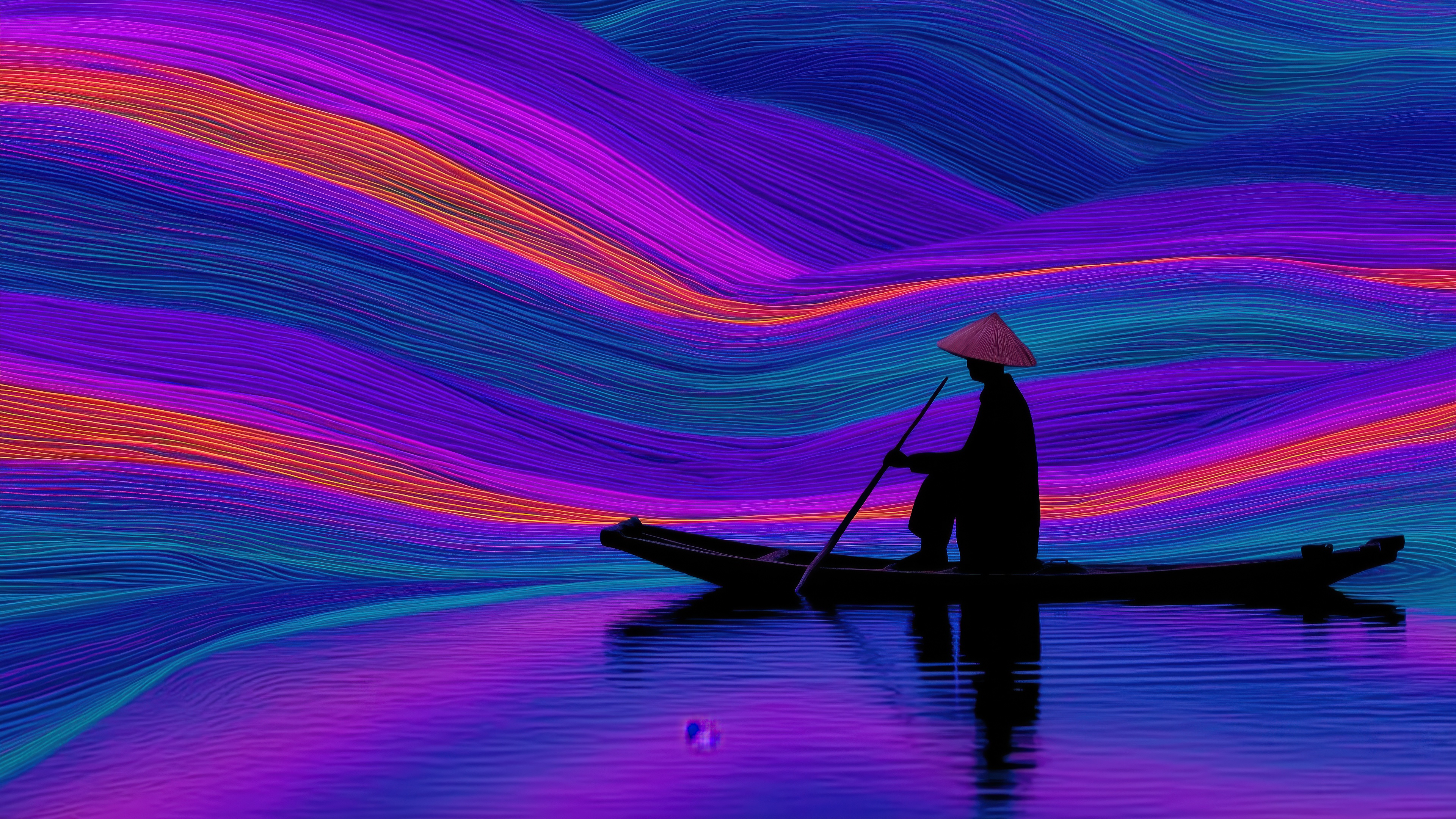 Person in a boat on colorful wavy water HD Wallpaper