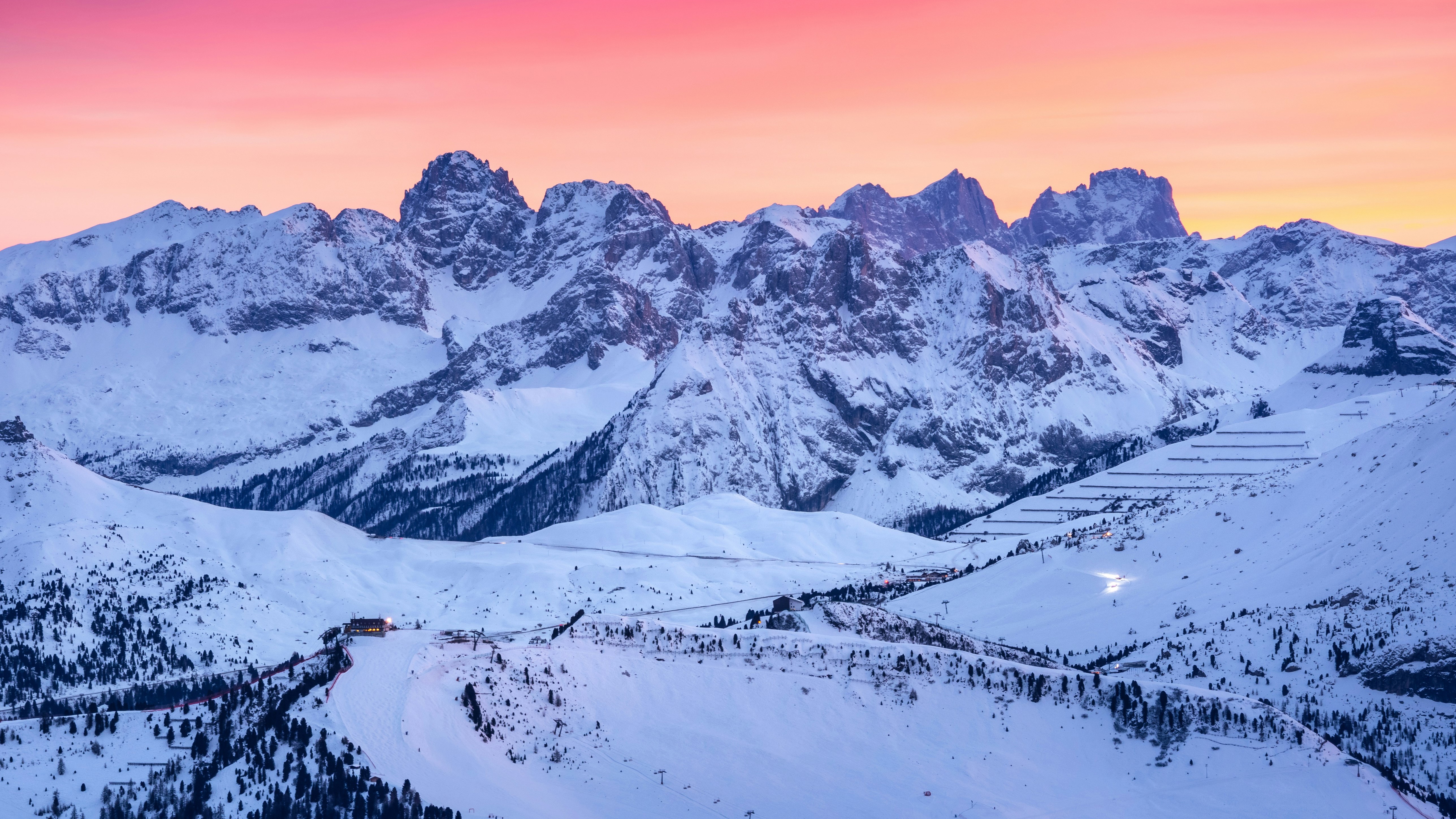 Snowy mountains in Plan De Gralba, South Tyrol, Italy at sunset HD Wallpaper