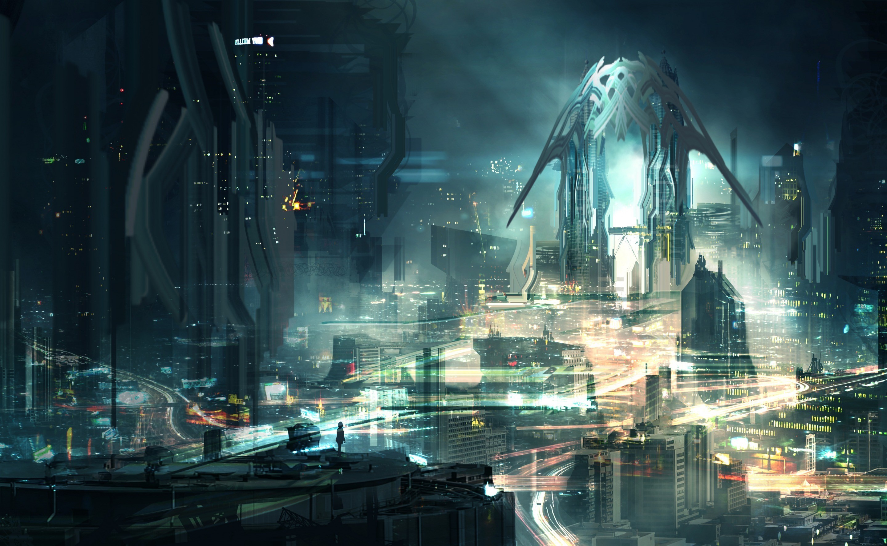 Futuristic city with glowing architecture and light trails HD Wallpaper