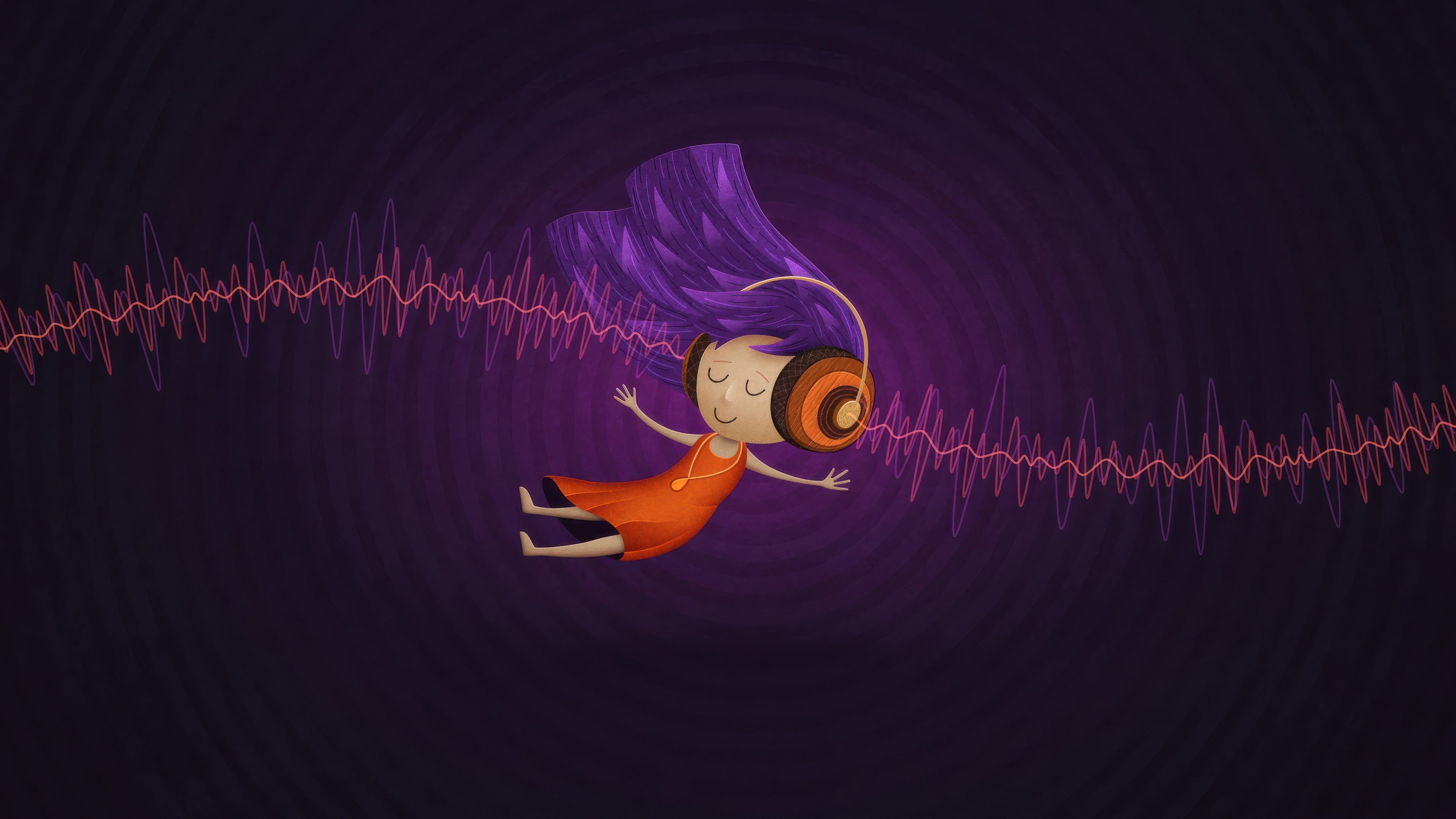 Girl with headphones floating and listening to music HD Wallpaper
