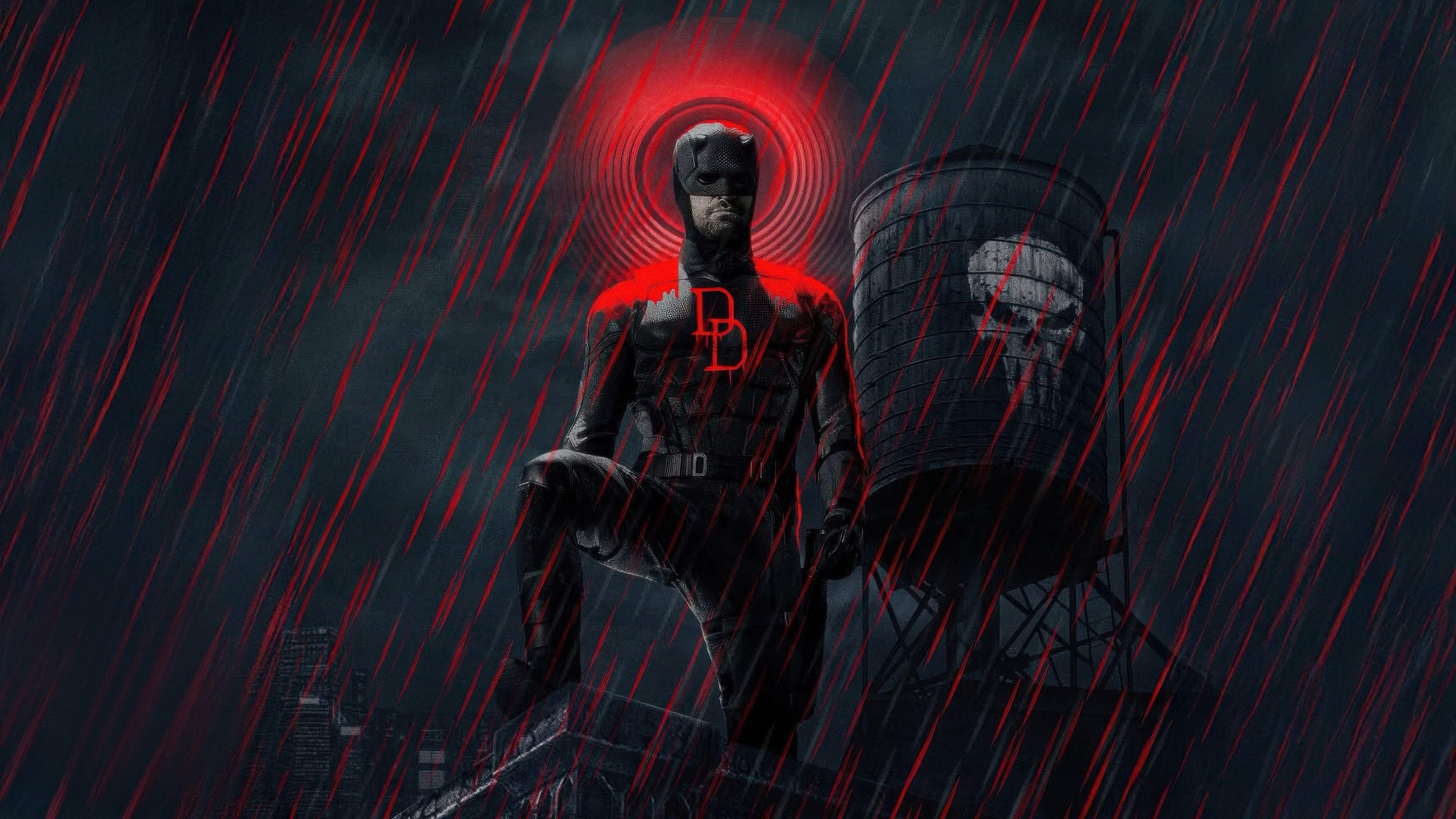Daredevil and Punisher Skull on Water Tower HD Wallpaper