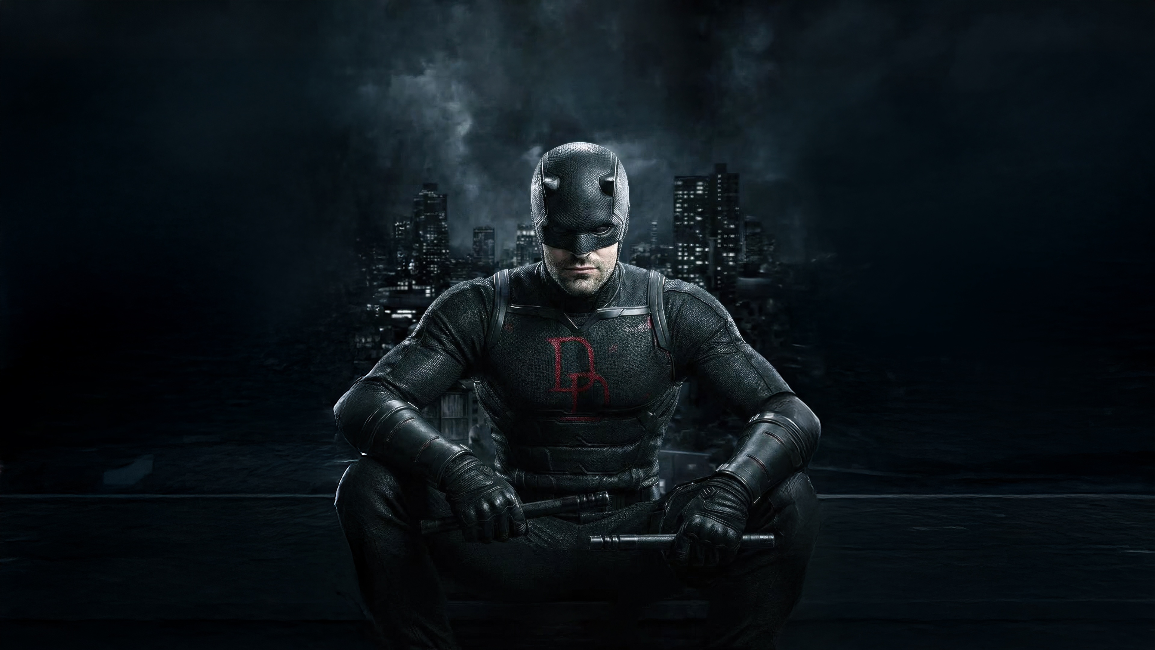 Daredevil Crouching with Batons in City HD Wallpaper