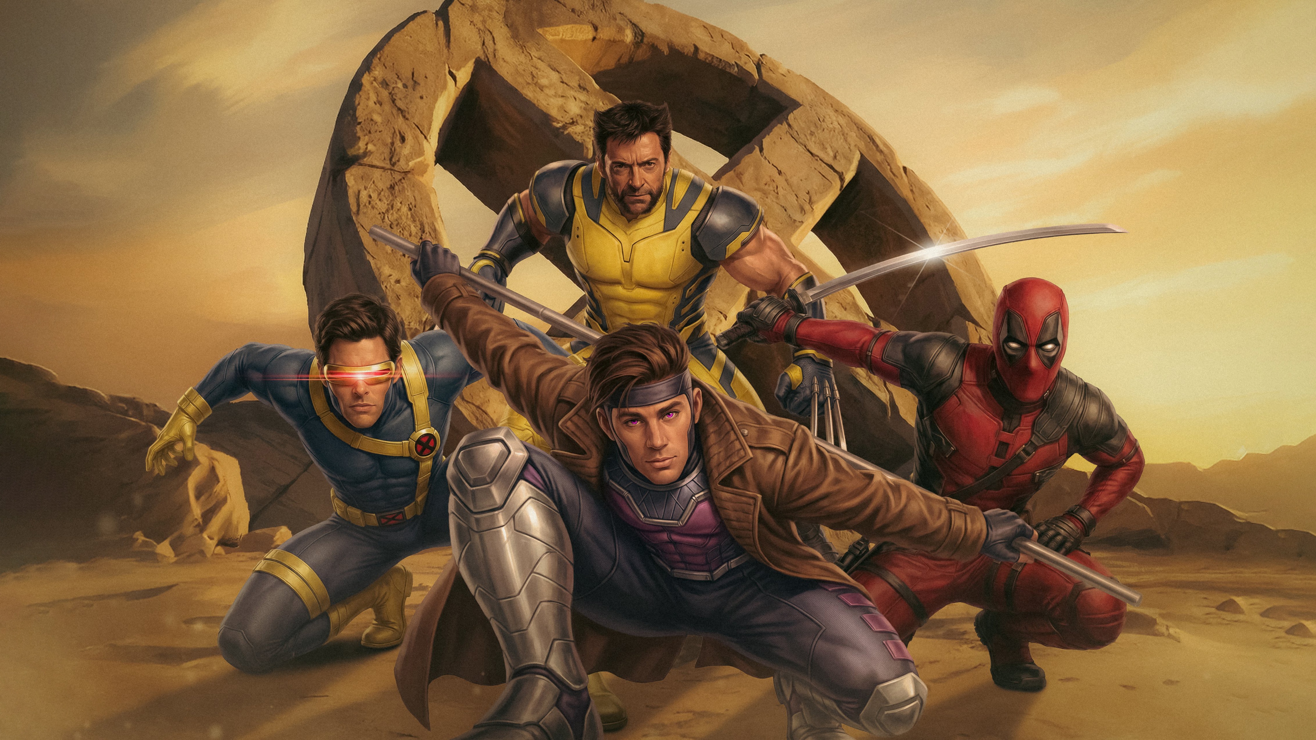 Cyclops, Wolverine, Gambit, and Deadpool in a desert HD Wallpaper