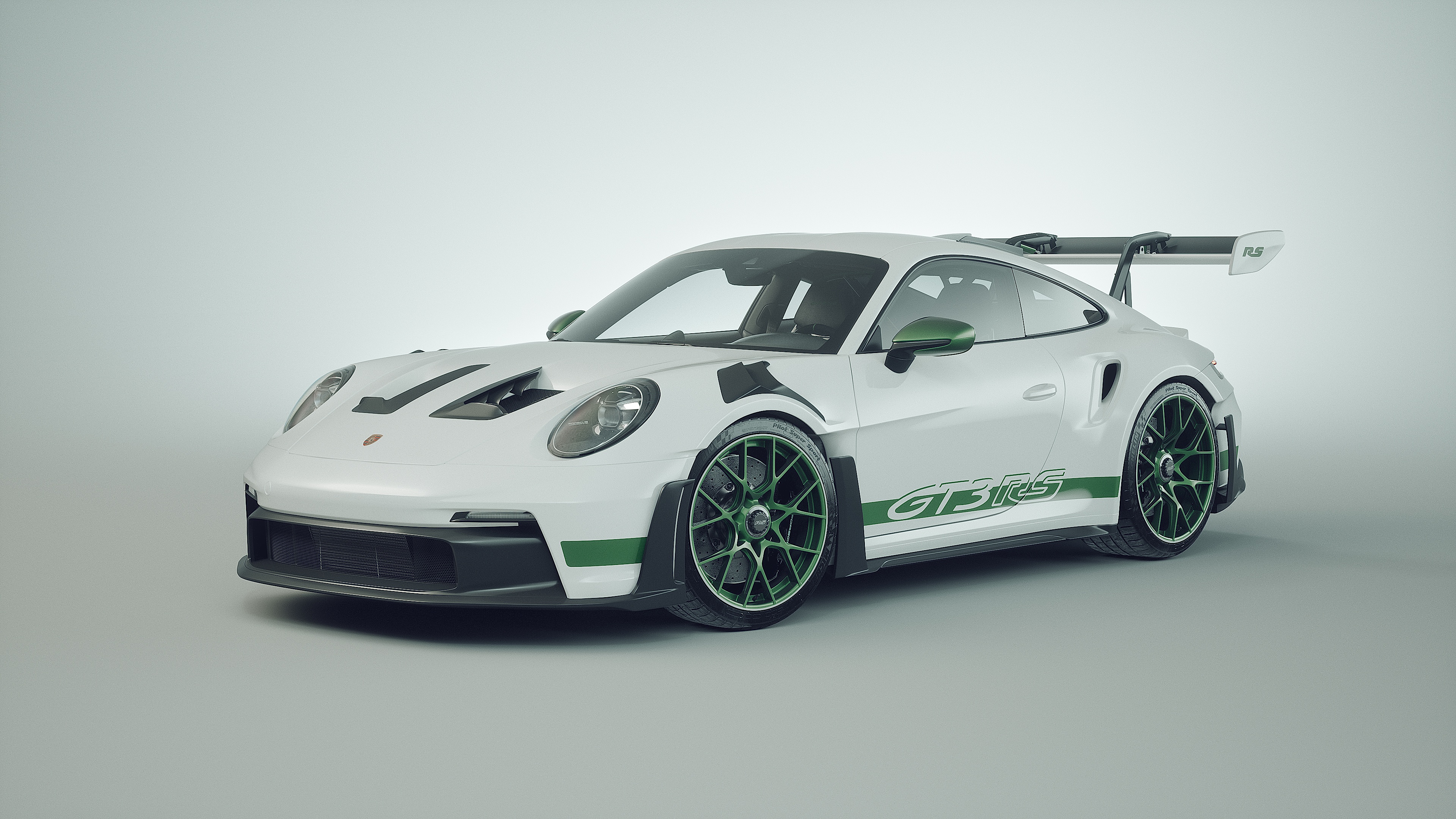 White Porsche 911 GT3 RS with green accents HD Wallpaper