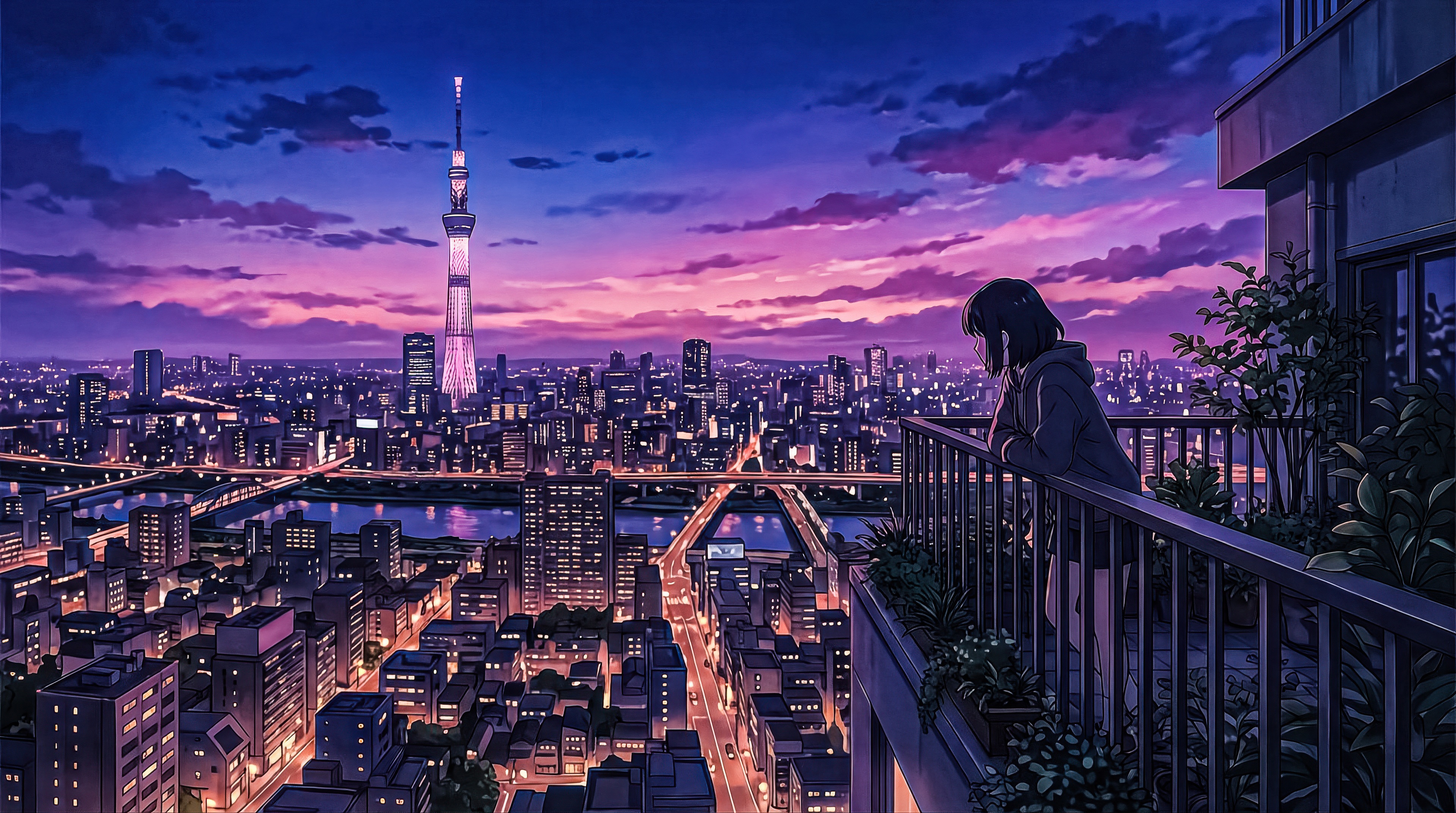 Anime Girl Overlooking Tokyo at Violet Hour HD Wallpaper