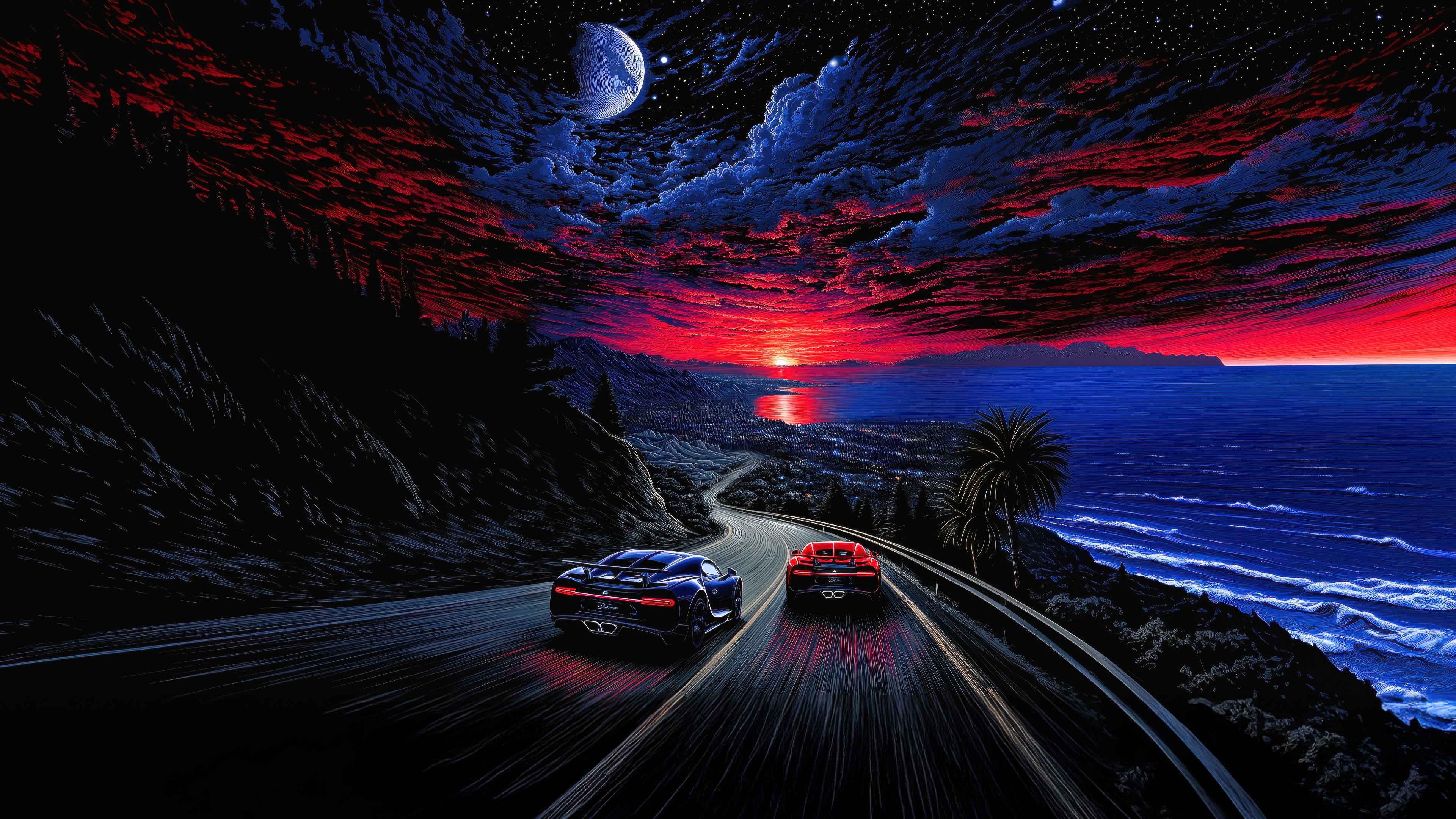 Sports Cars Racing on Coastal Road at Sunset HD Wallpaper
