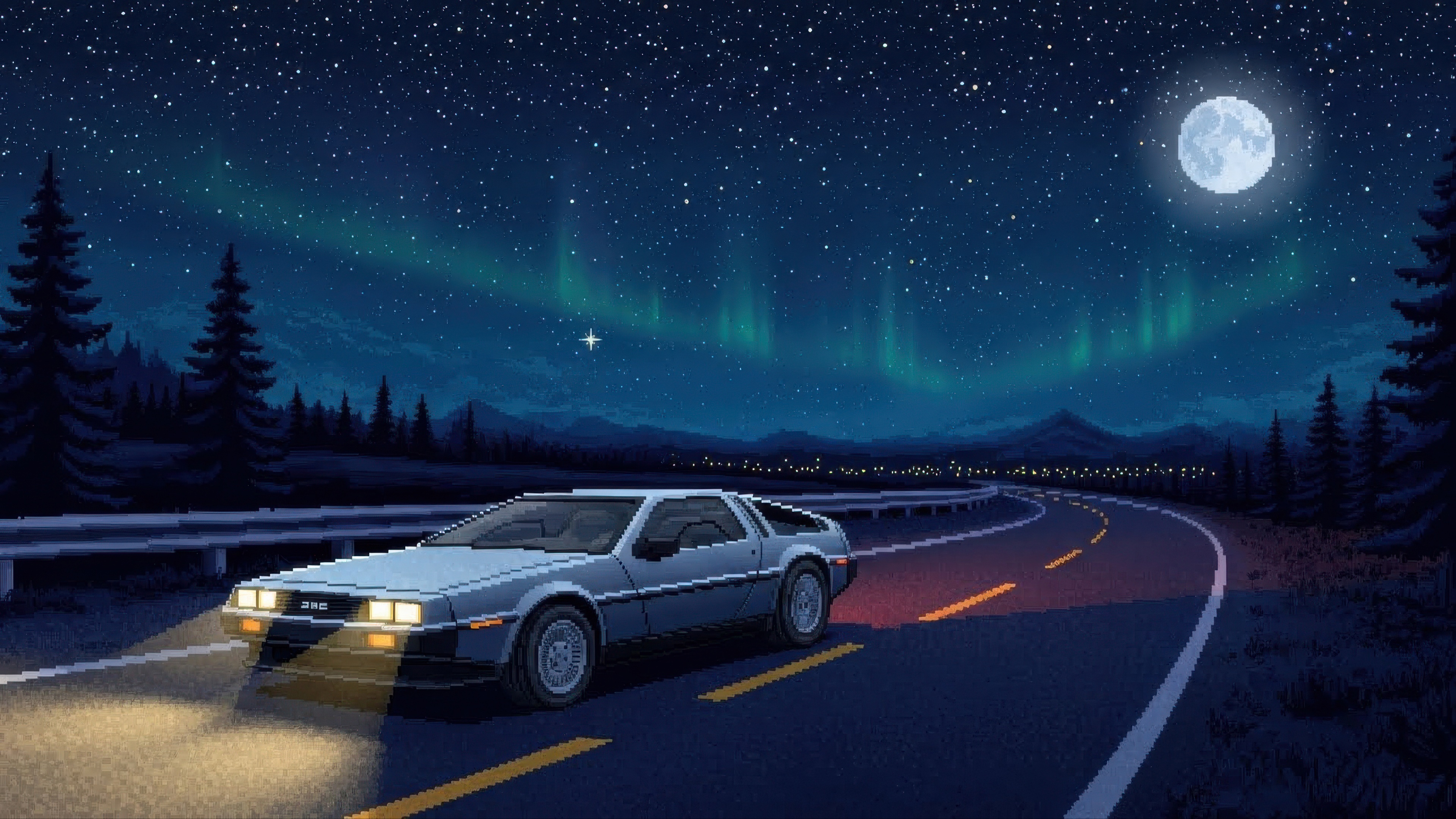 Delorean driving on a mountain road under the aurora borealis HD Wallpaper