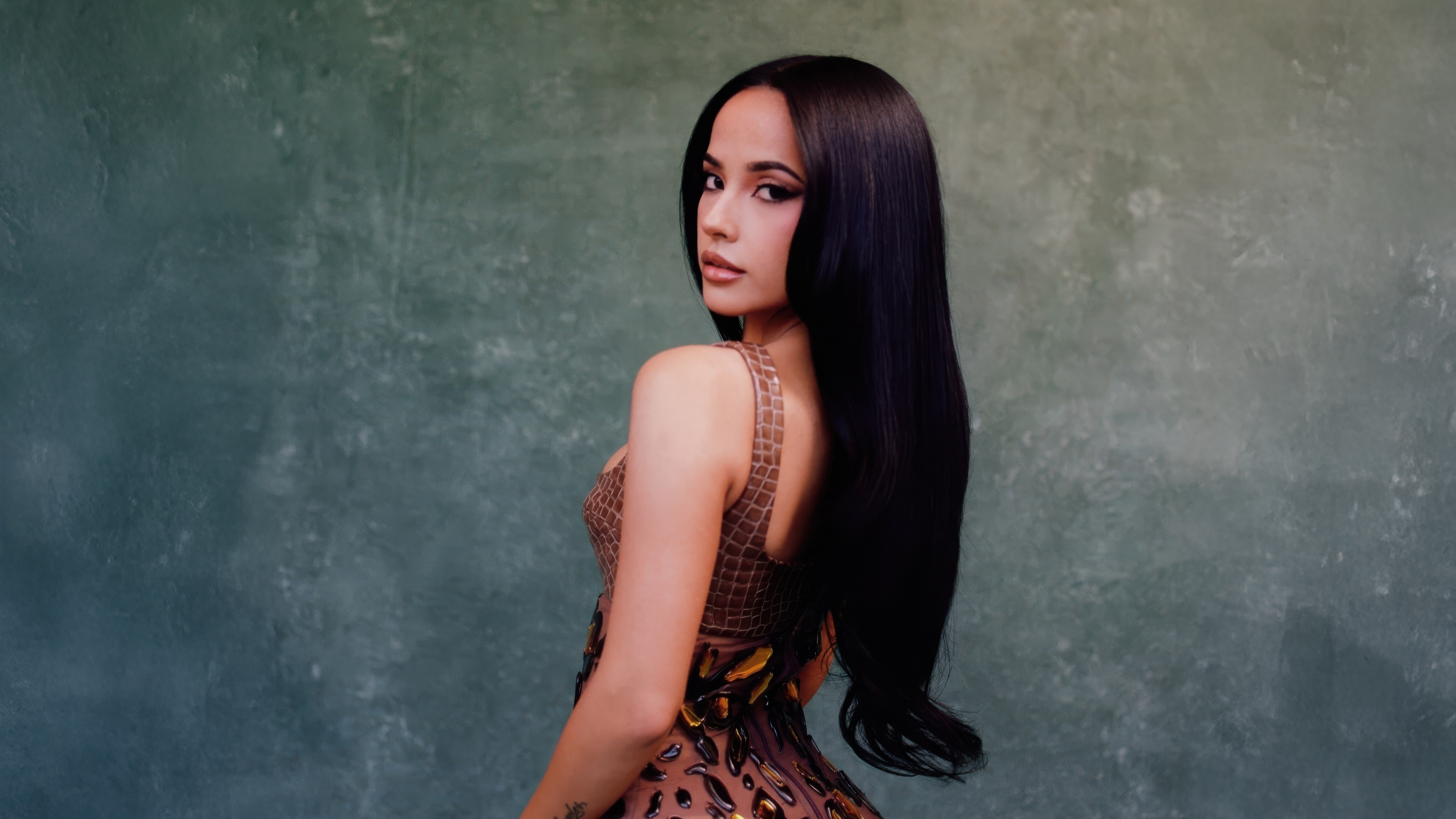 Becky G in a patterned dress HD Wallpaper