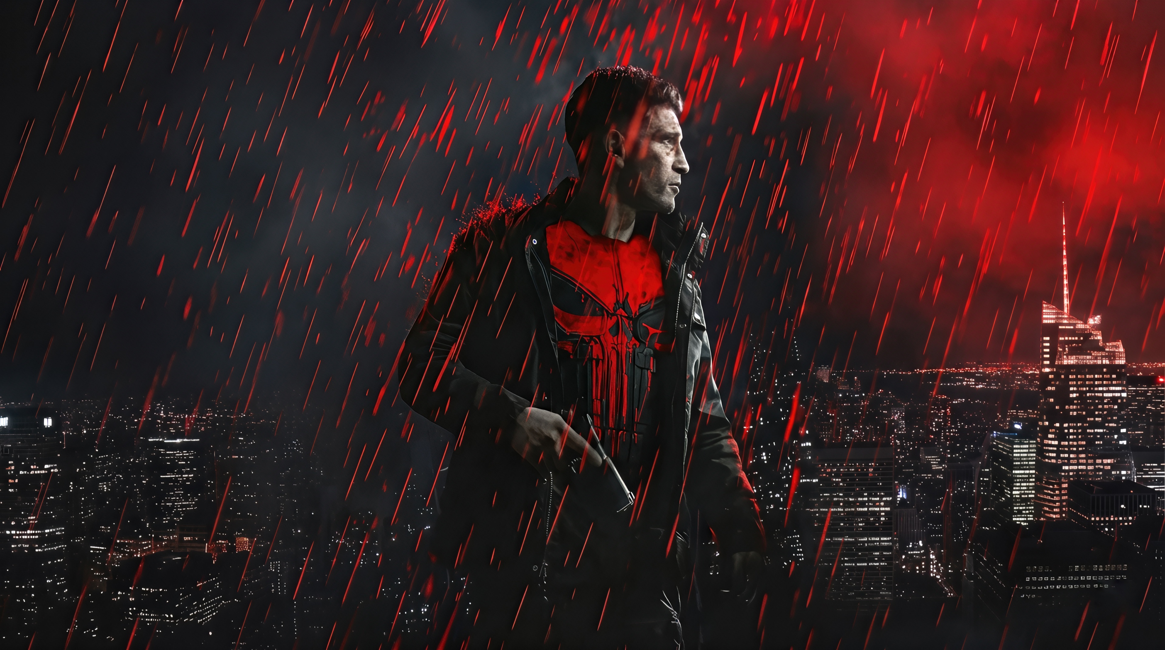 The Punisher in the Rain Over a City HD Wallpaper