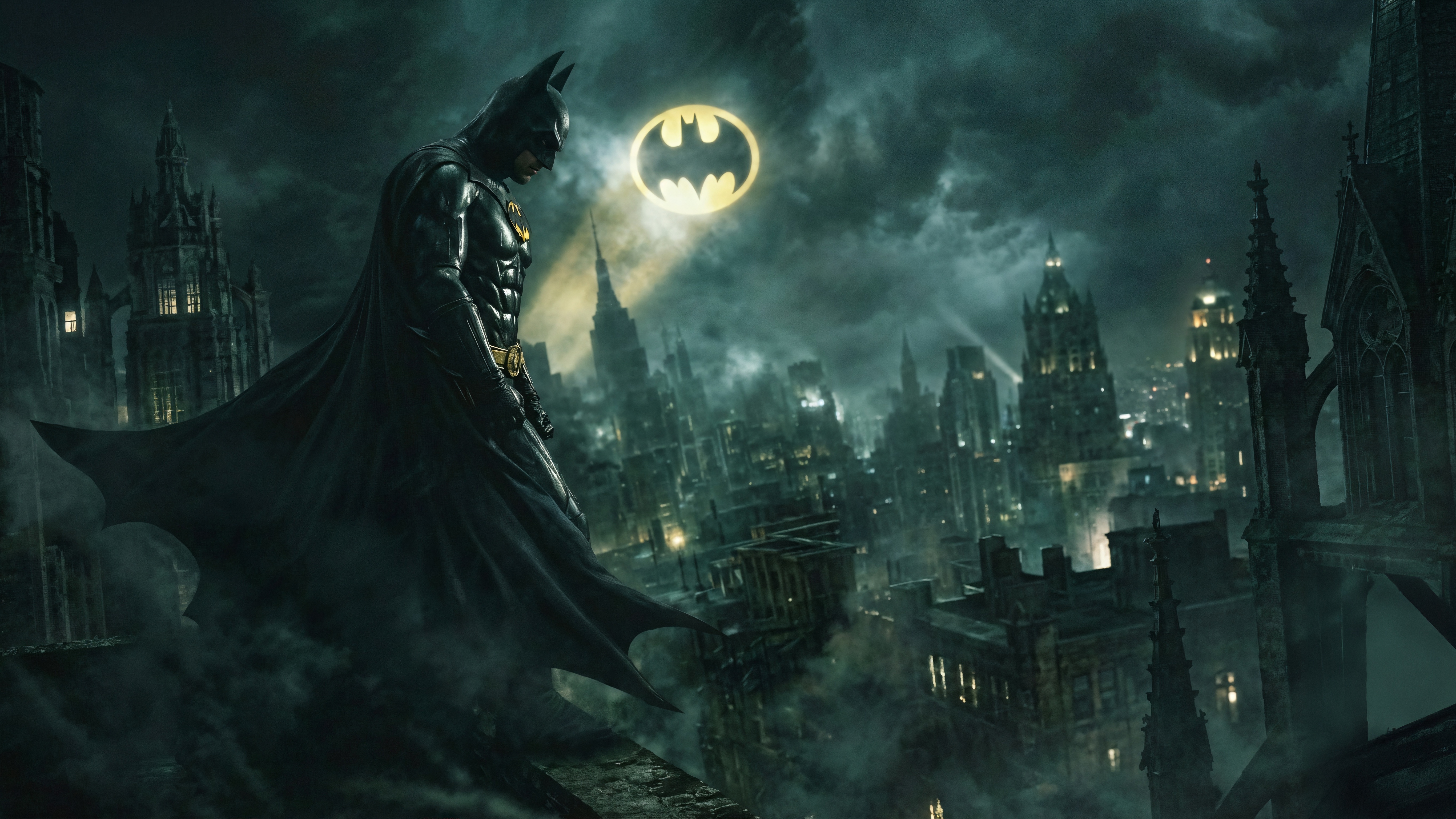 Batman standing on a rooftop overlooking Gotham City HD Wallpaper