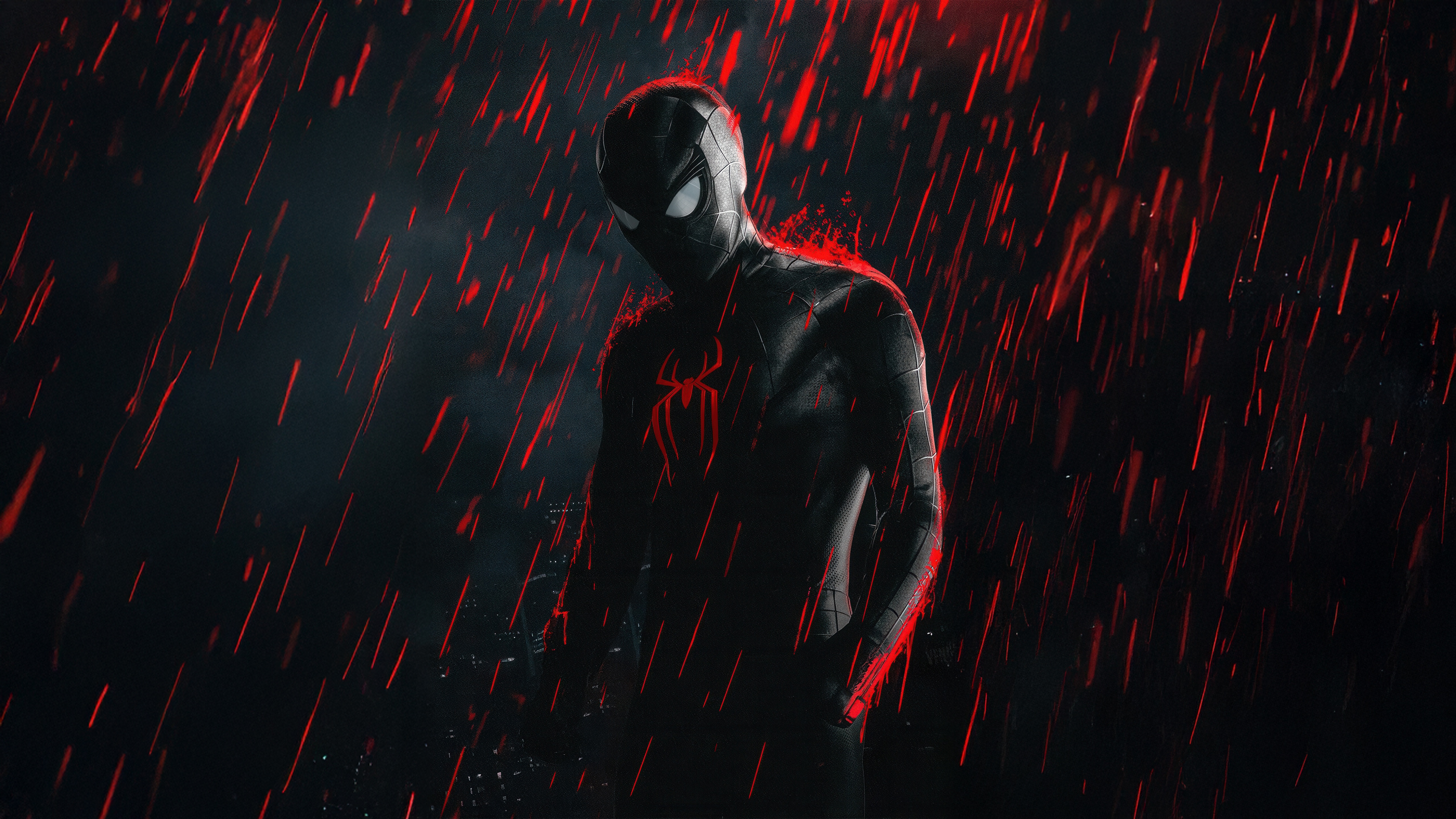 Spider-Man in a dark, rainy environment HD Wallpaper