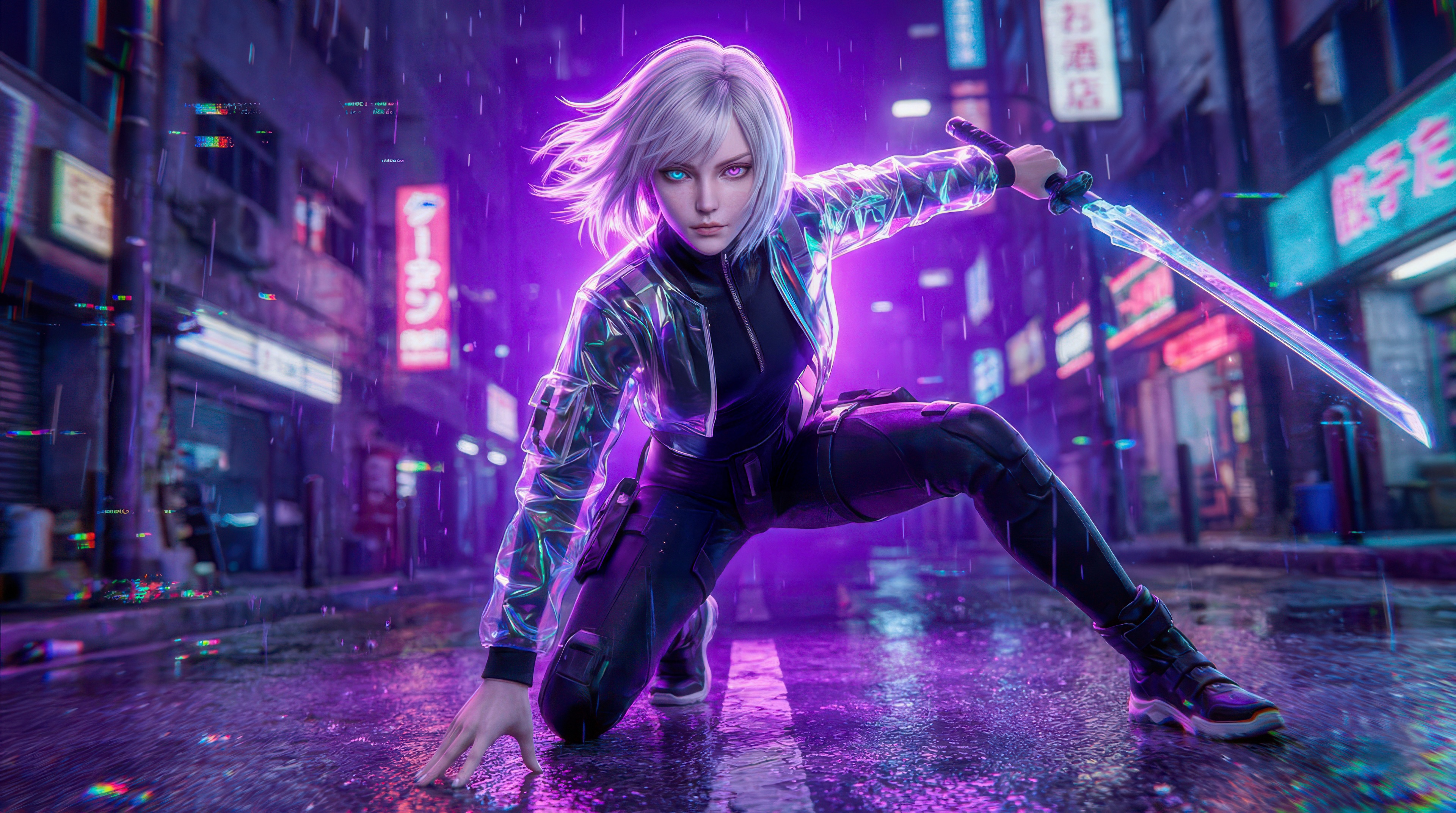 White Haired Girl With Neon Sword in Rainy City HD Wallpaper