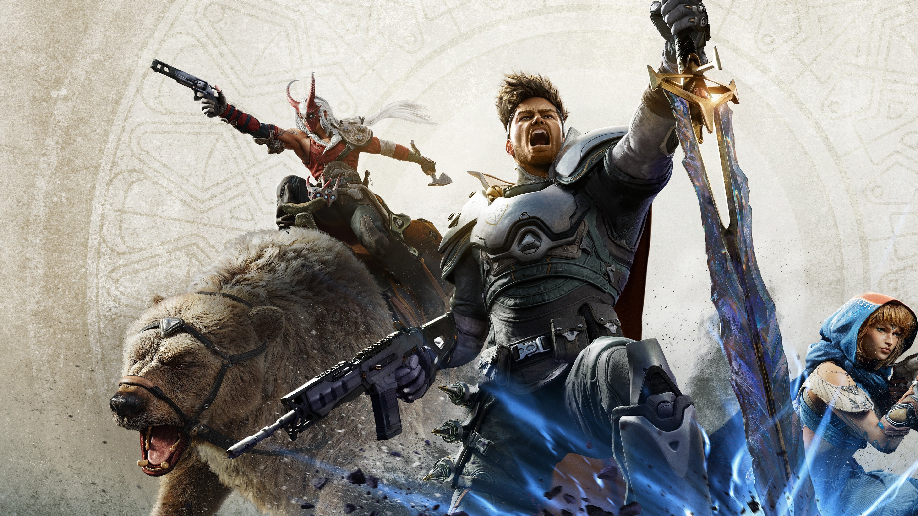 Highguard characters with sword, gun, and bear HD Wallpaper