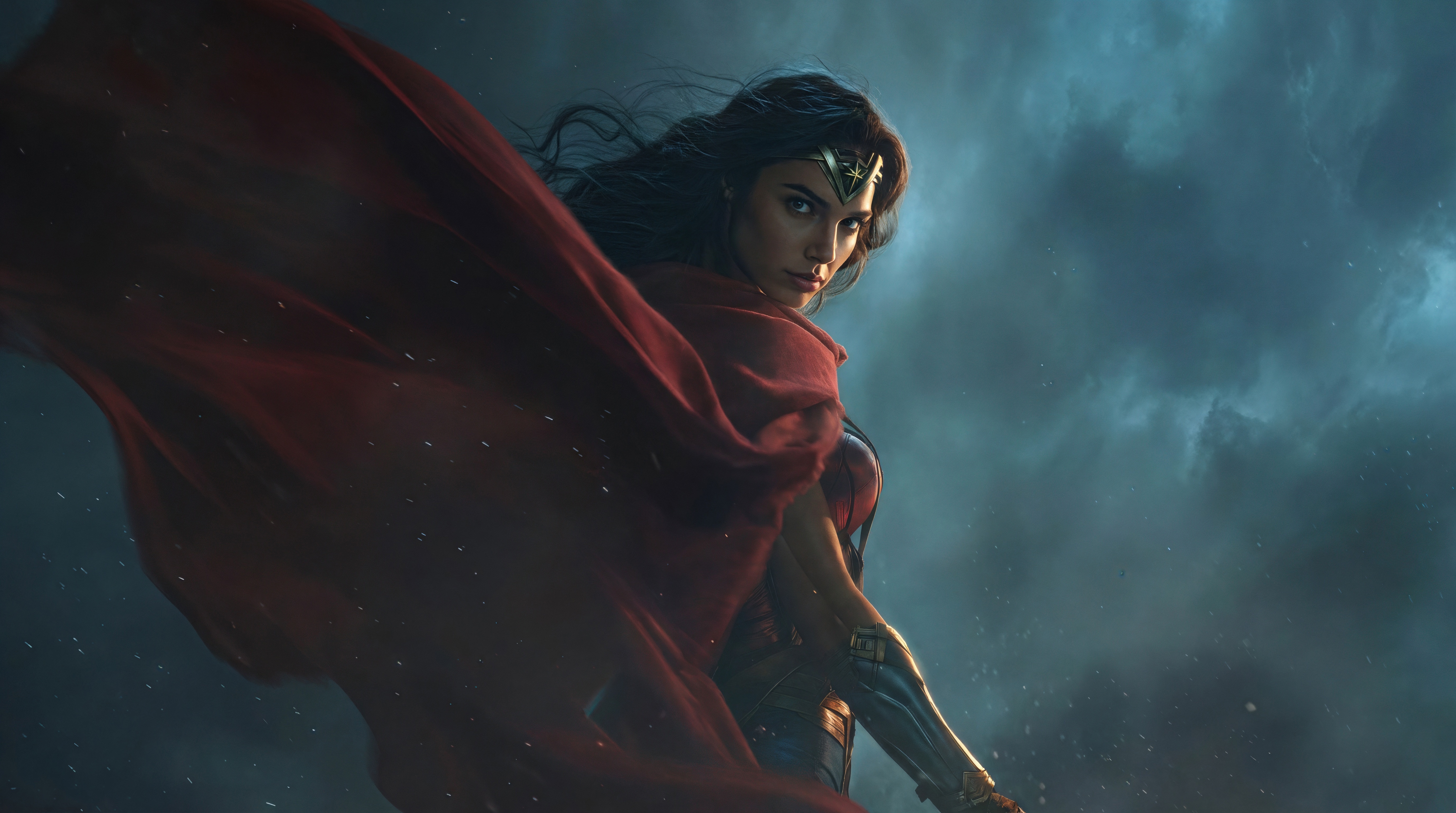 Wonder Woman in a Red Cape Against a Stormy Sky HD Wallpaper