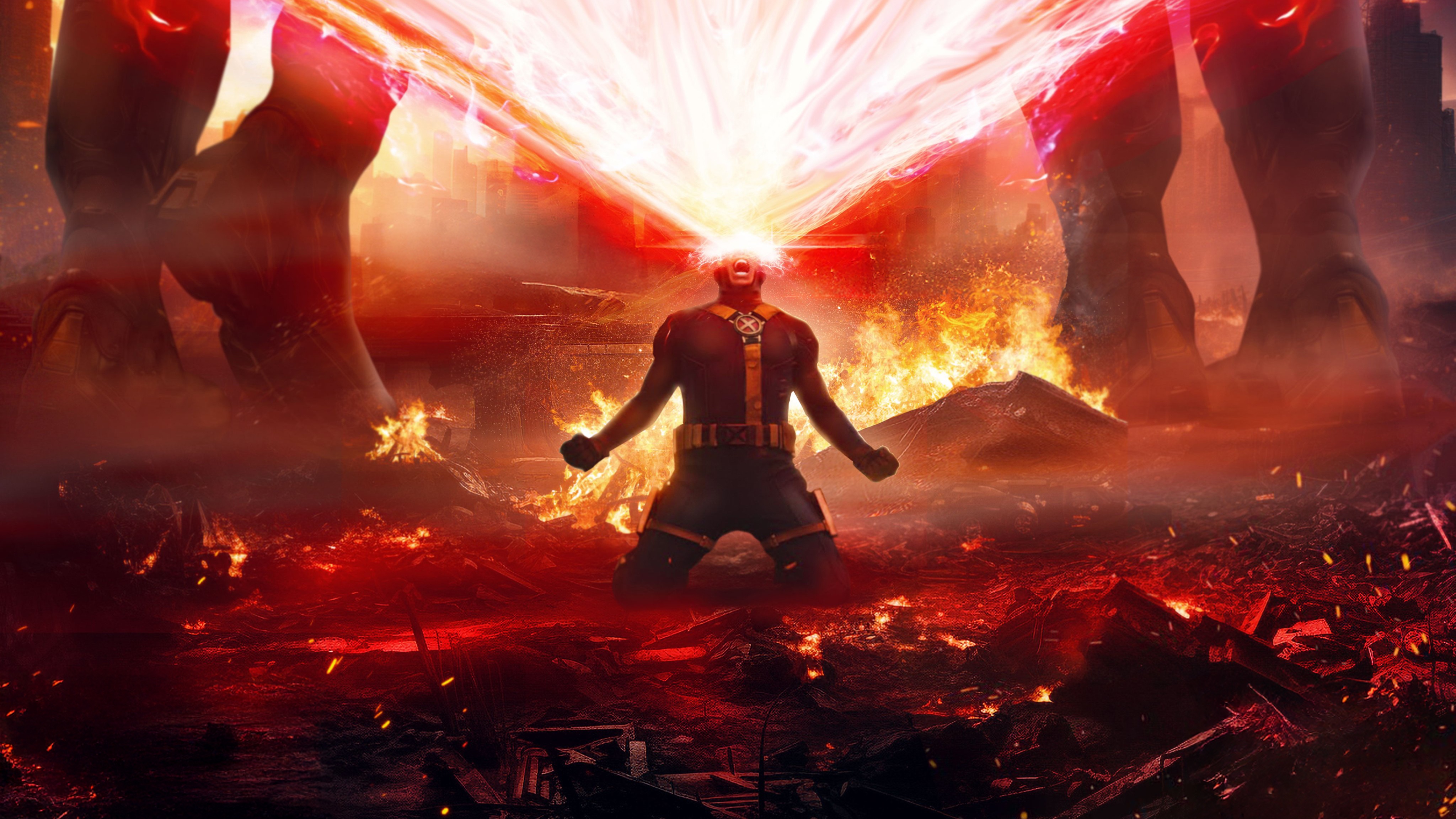 Cyclops Unleashes Optic Blast Amidst Fiery Destruction HD Wallpaper