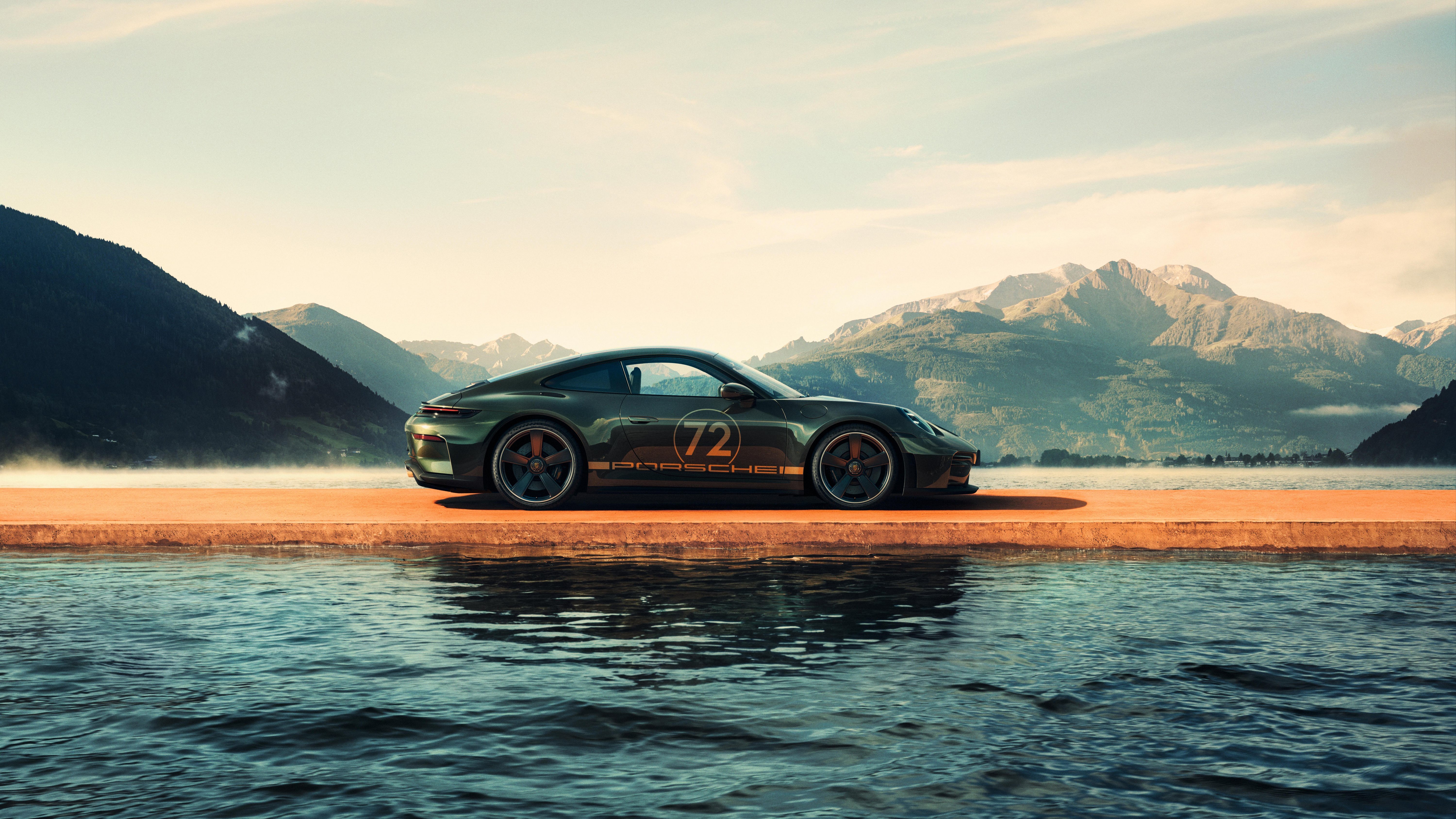 Porsche 911 GT3 with "72" decal by a lake HD Wallpaper