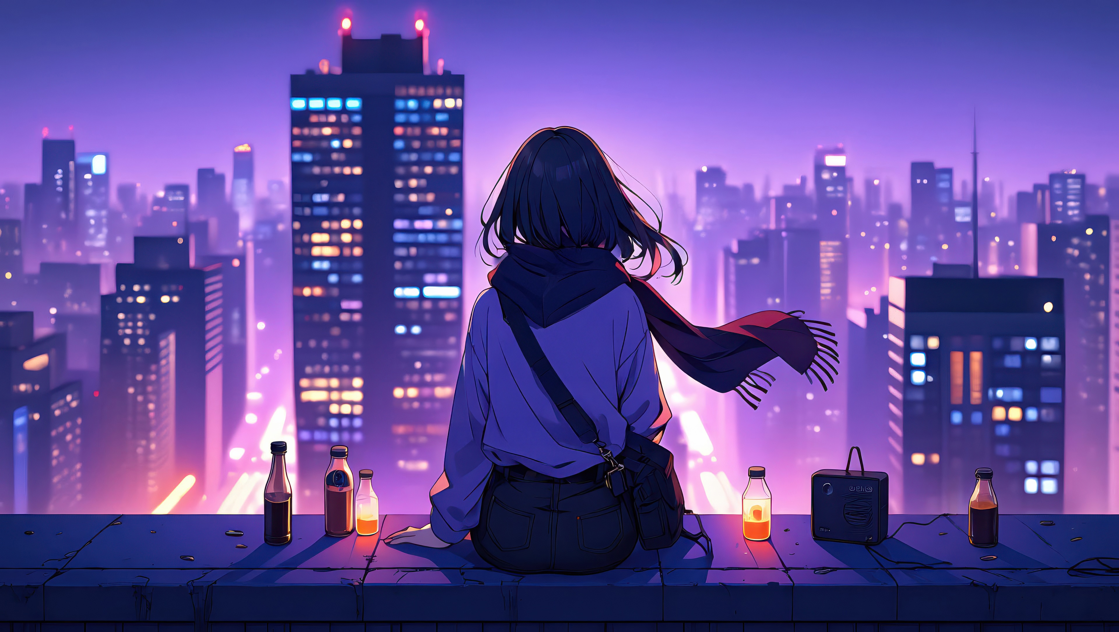 Girl Overlooking Violet Mist Neon Cyberpunk City HD Wallpaper