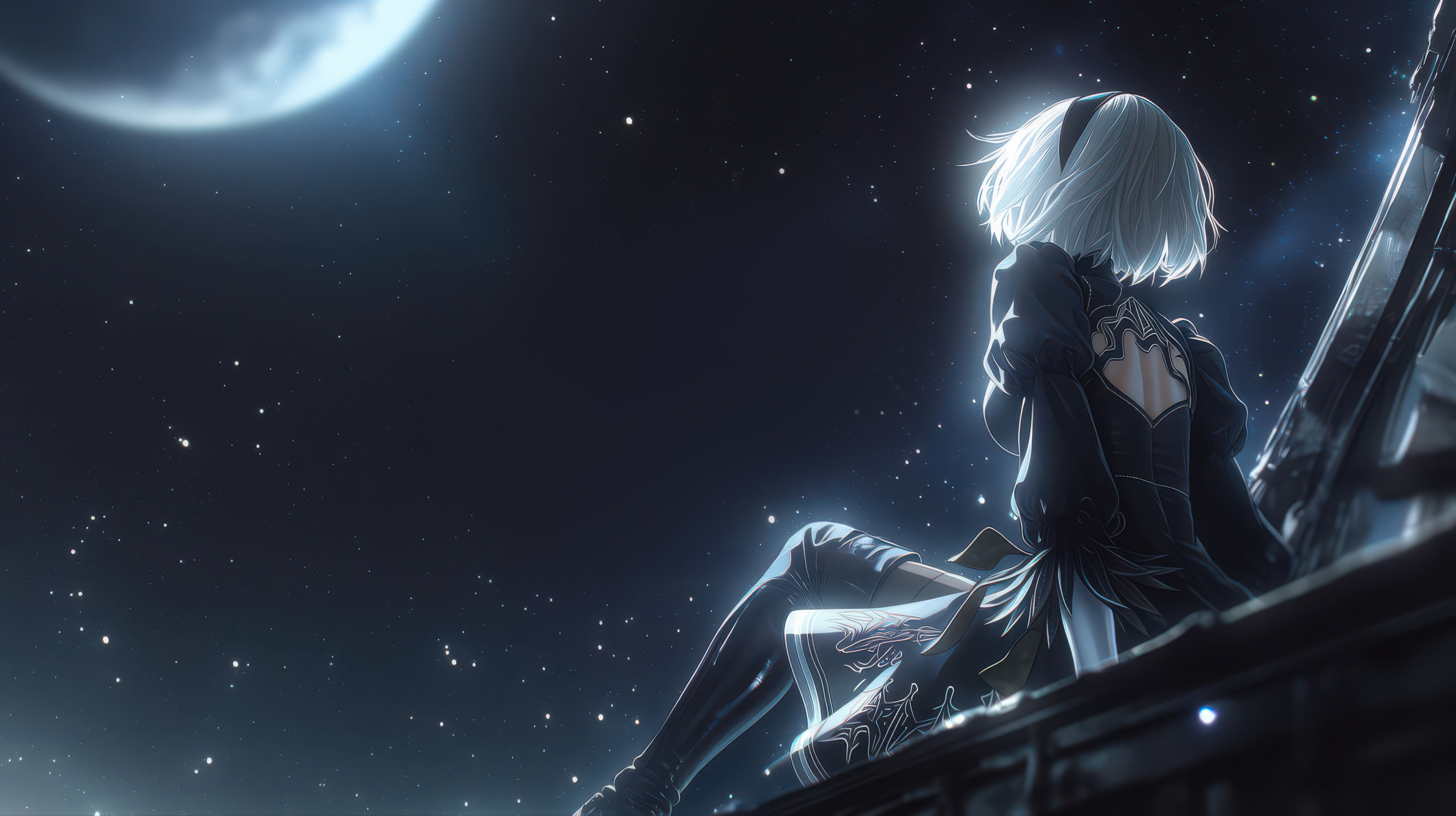 2B from Nier Automata under the moonlight HD Wallpaper