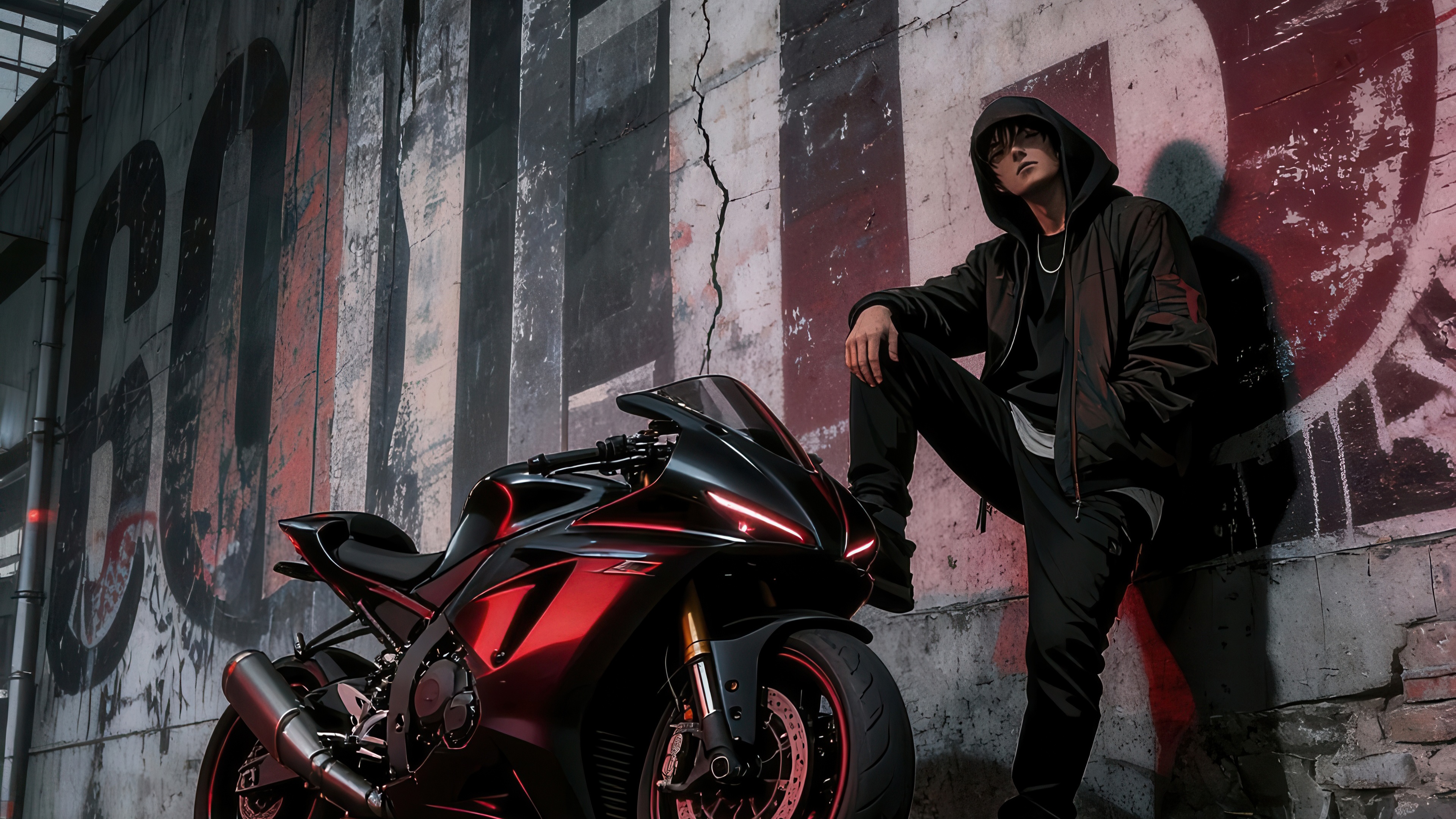 Anime boy with a rebel sportbike against a graffiti wall HD Wallpaper