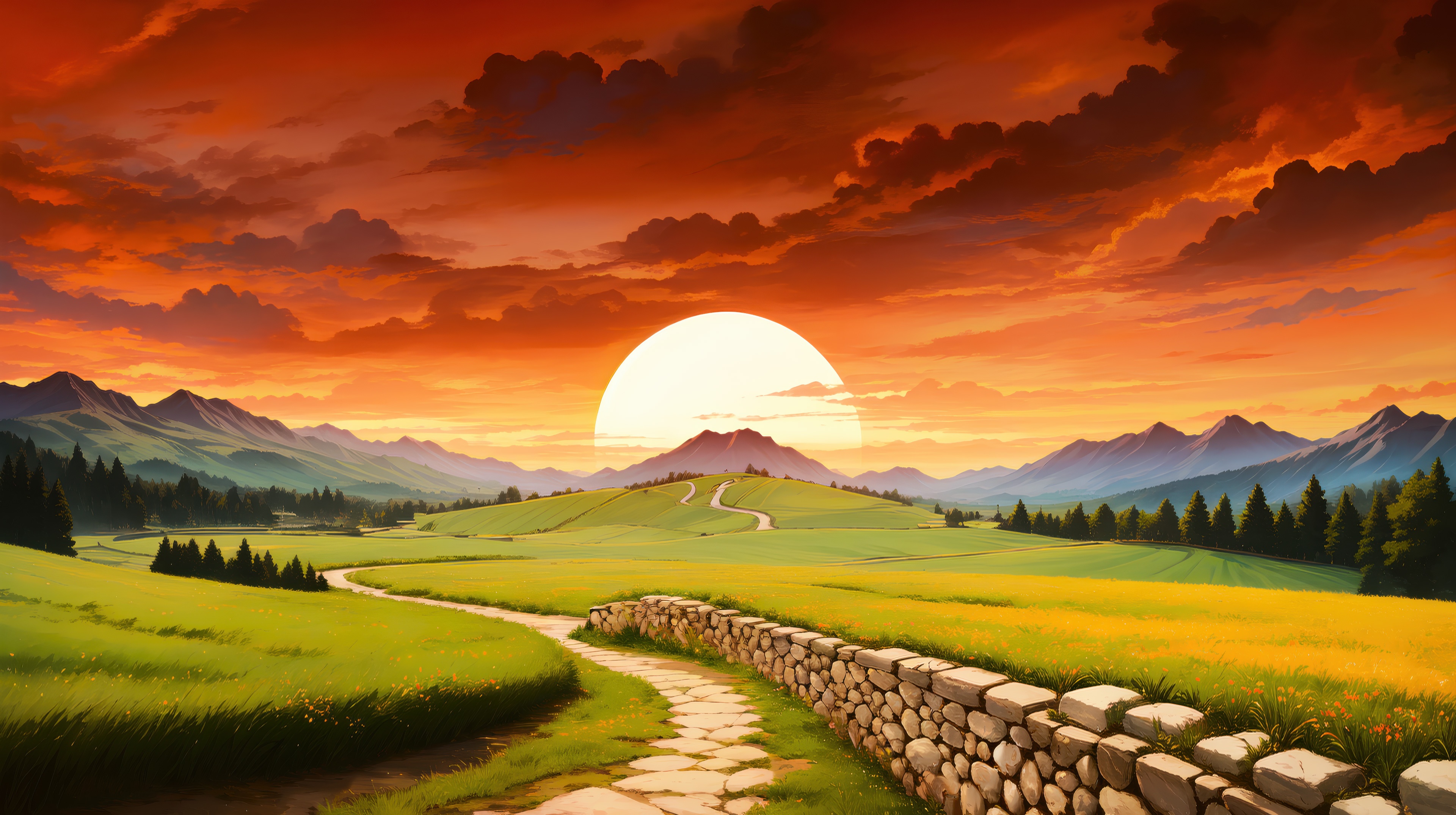 Sunset Over Pastoral Valley Landscape with Stone Path HD Wallpaper