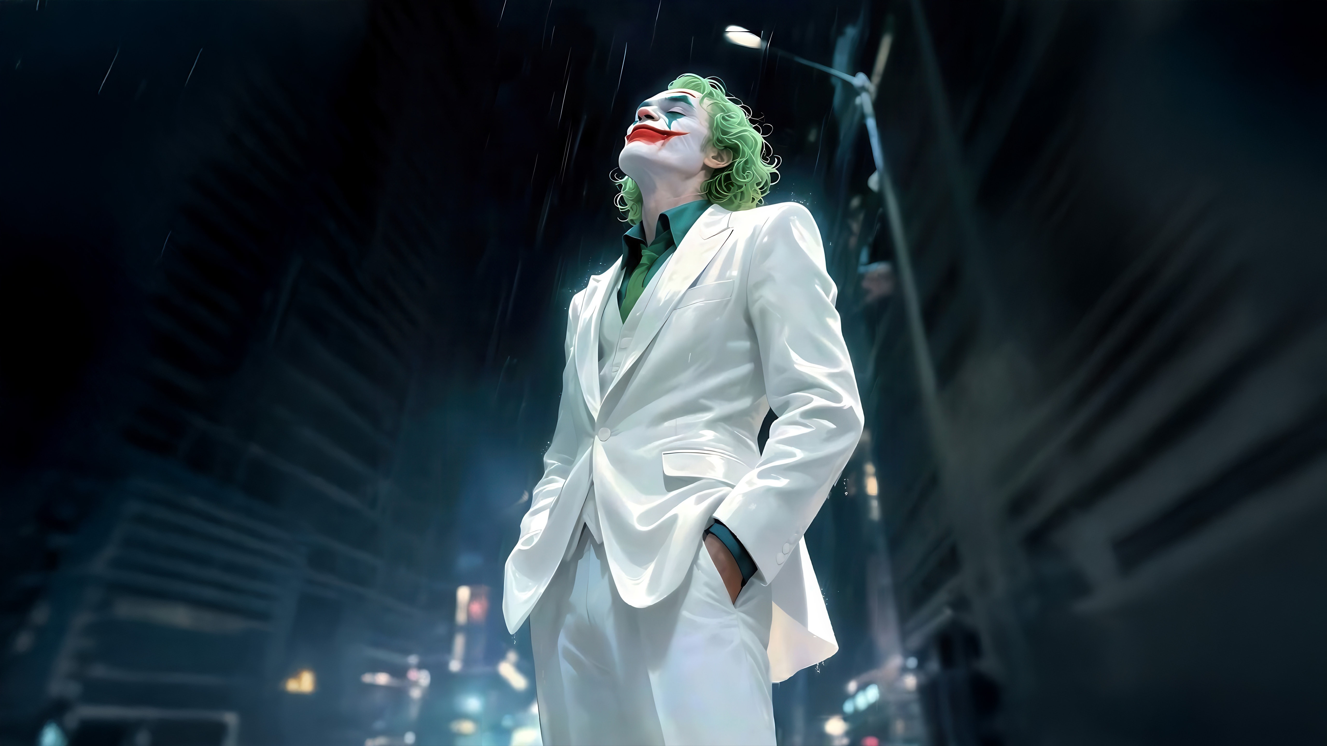 Joker in a white suit standing in the rain HD Wallpaper