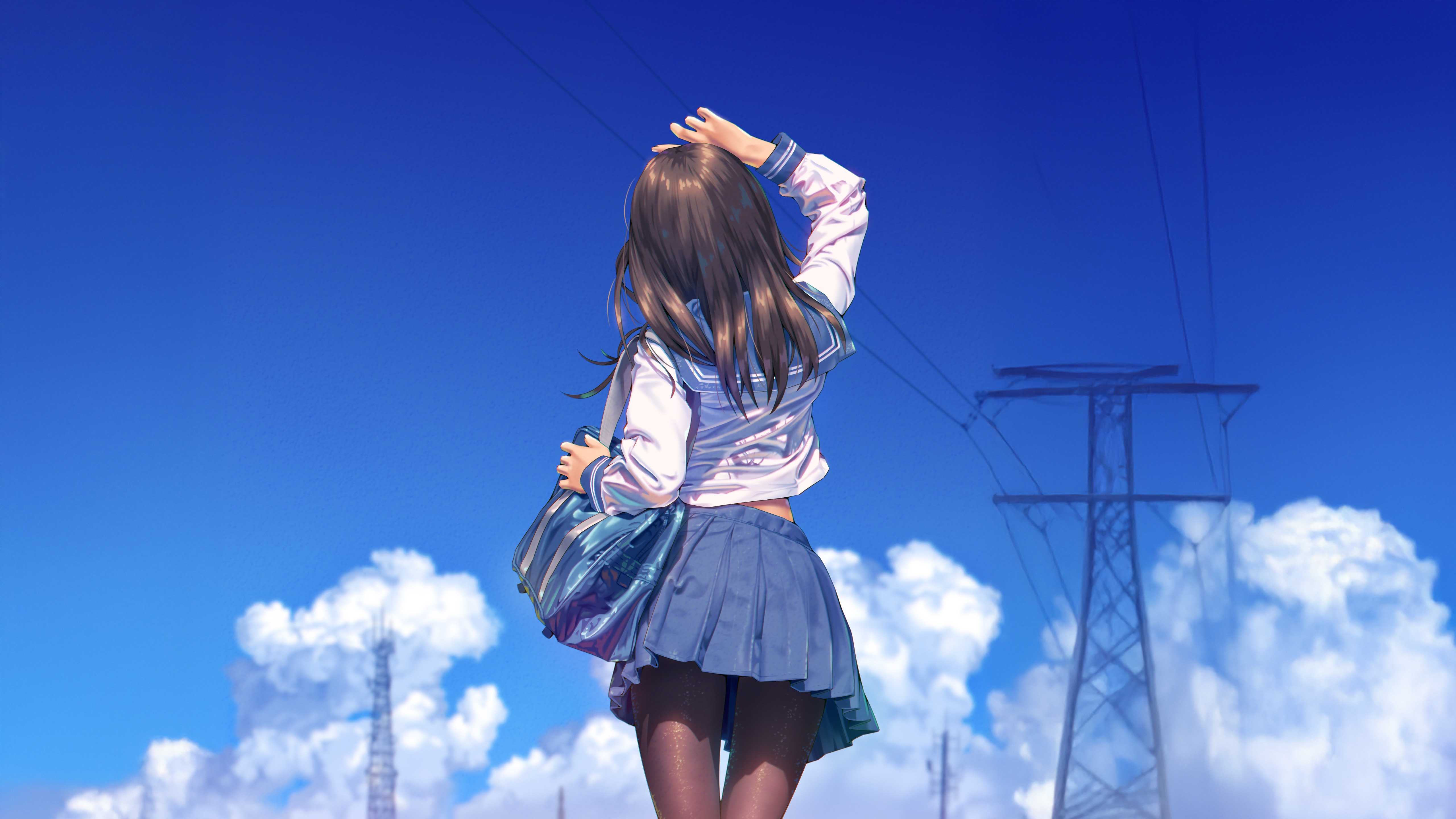 Anime School Girl with Bag Under Blue Sky HD Wallpaper