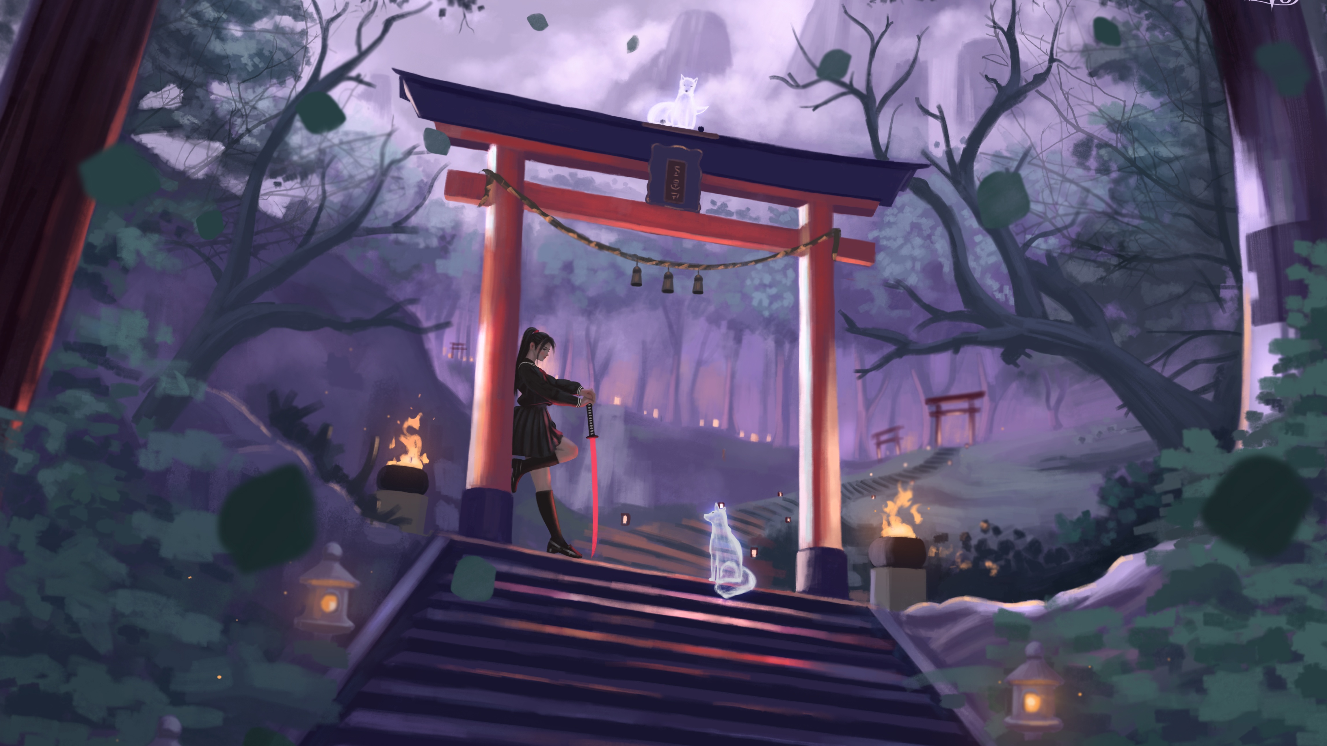Girl with sword at Japanese temple with ghost fox HD Wallpaper