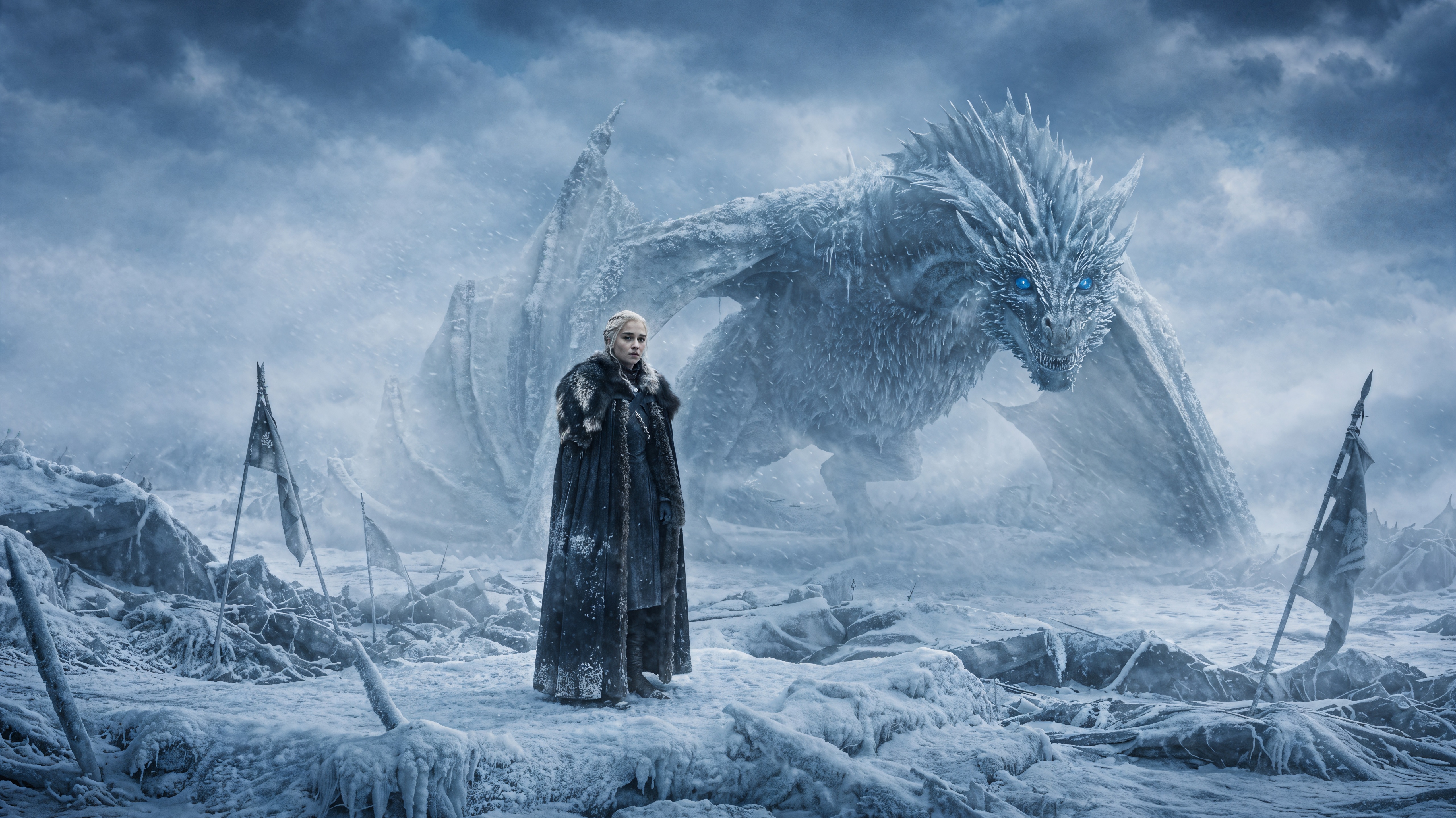 Daenerys and her ice dragon in a snowy landscape HD Wallpaper
