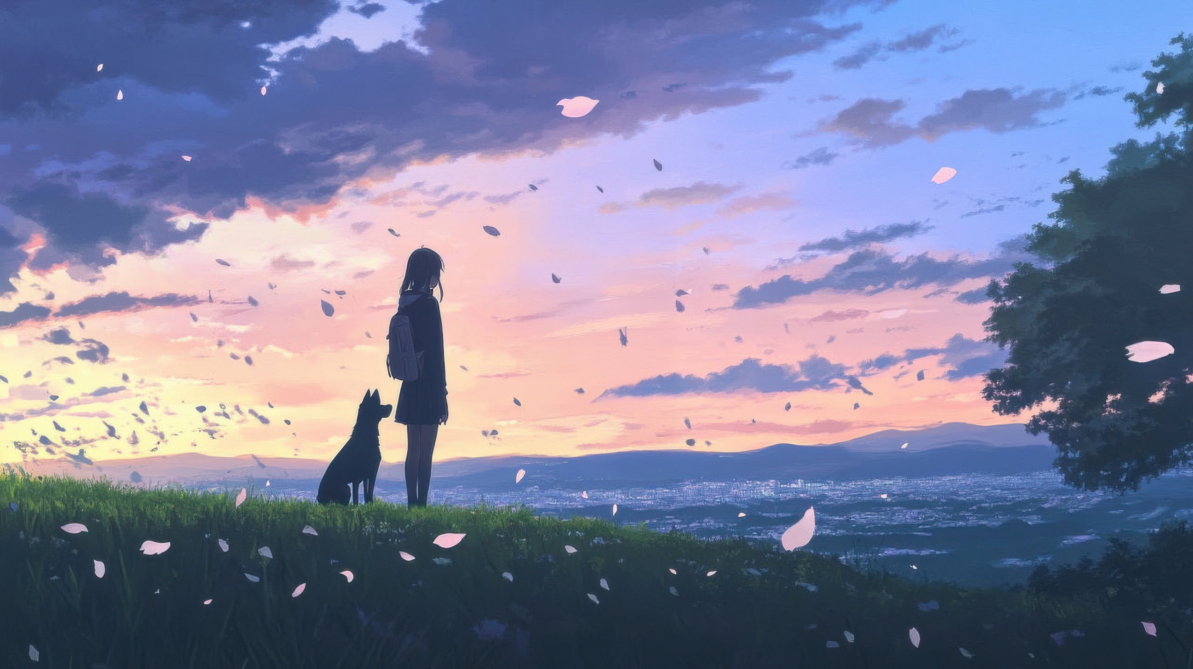 Girl and Dog Watching the Sunset HD Wallpaper