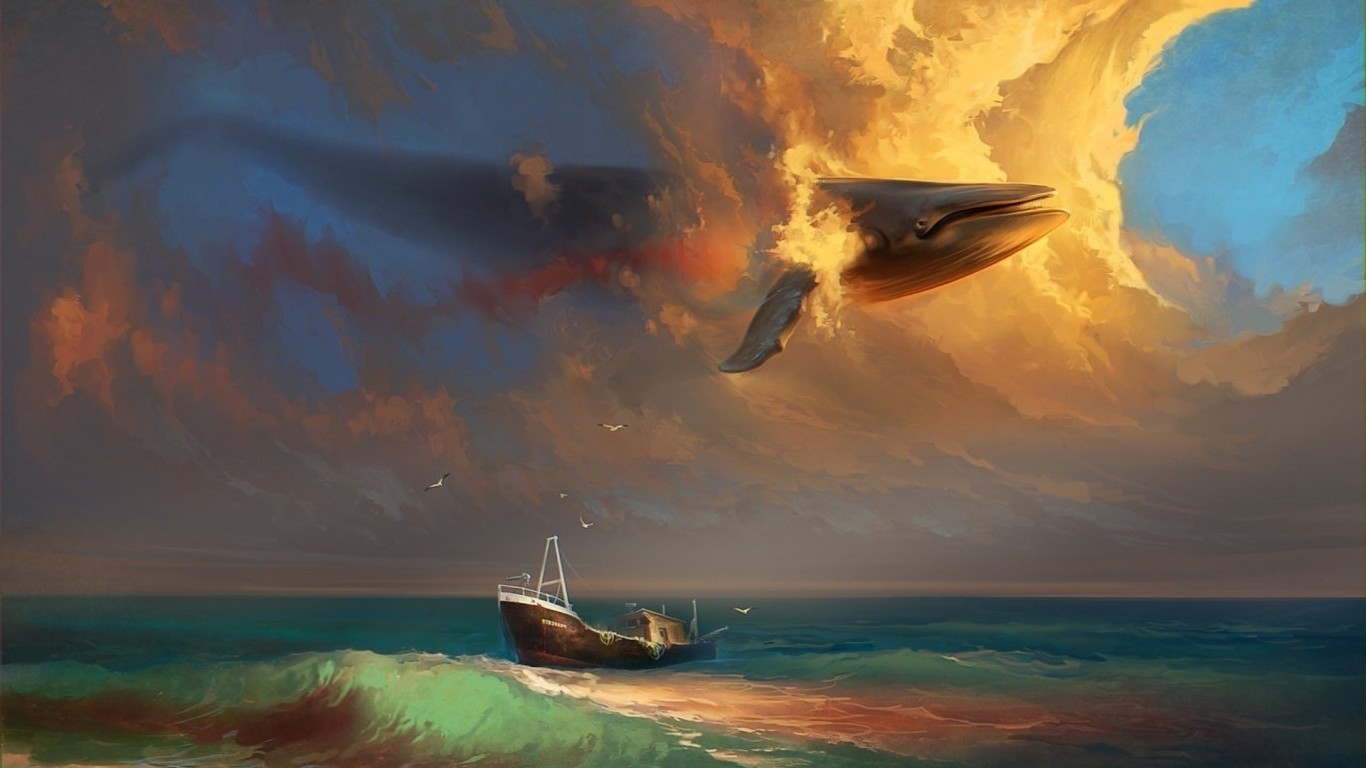 Surreal Flying Whale Over the Sea with Boat HD Wallpaper