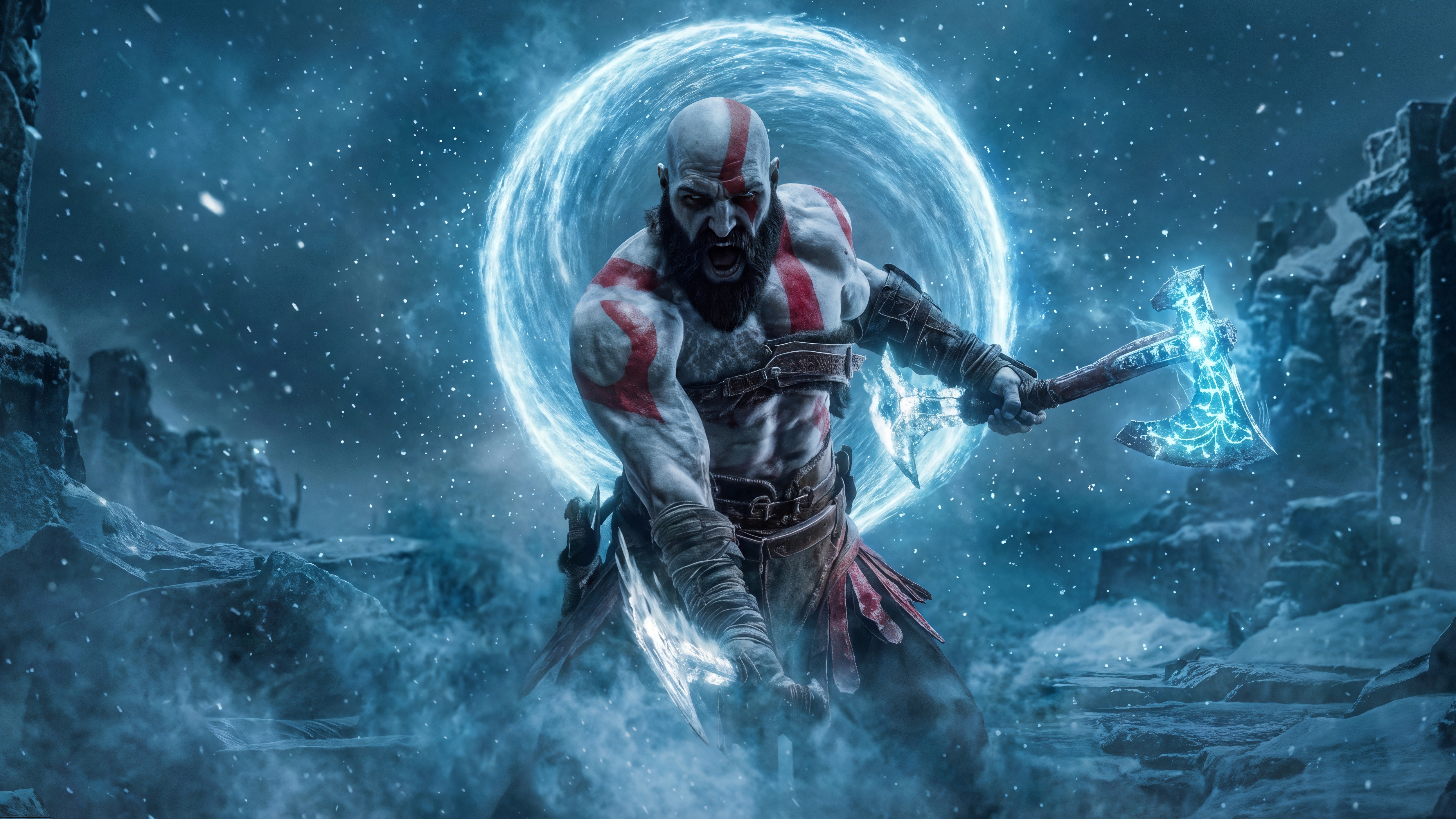 Kratos with Leviathan Axe in a Snowy Landscape HD Wallpaper