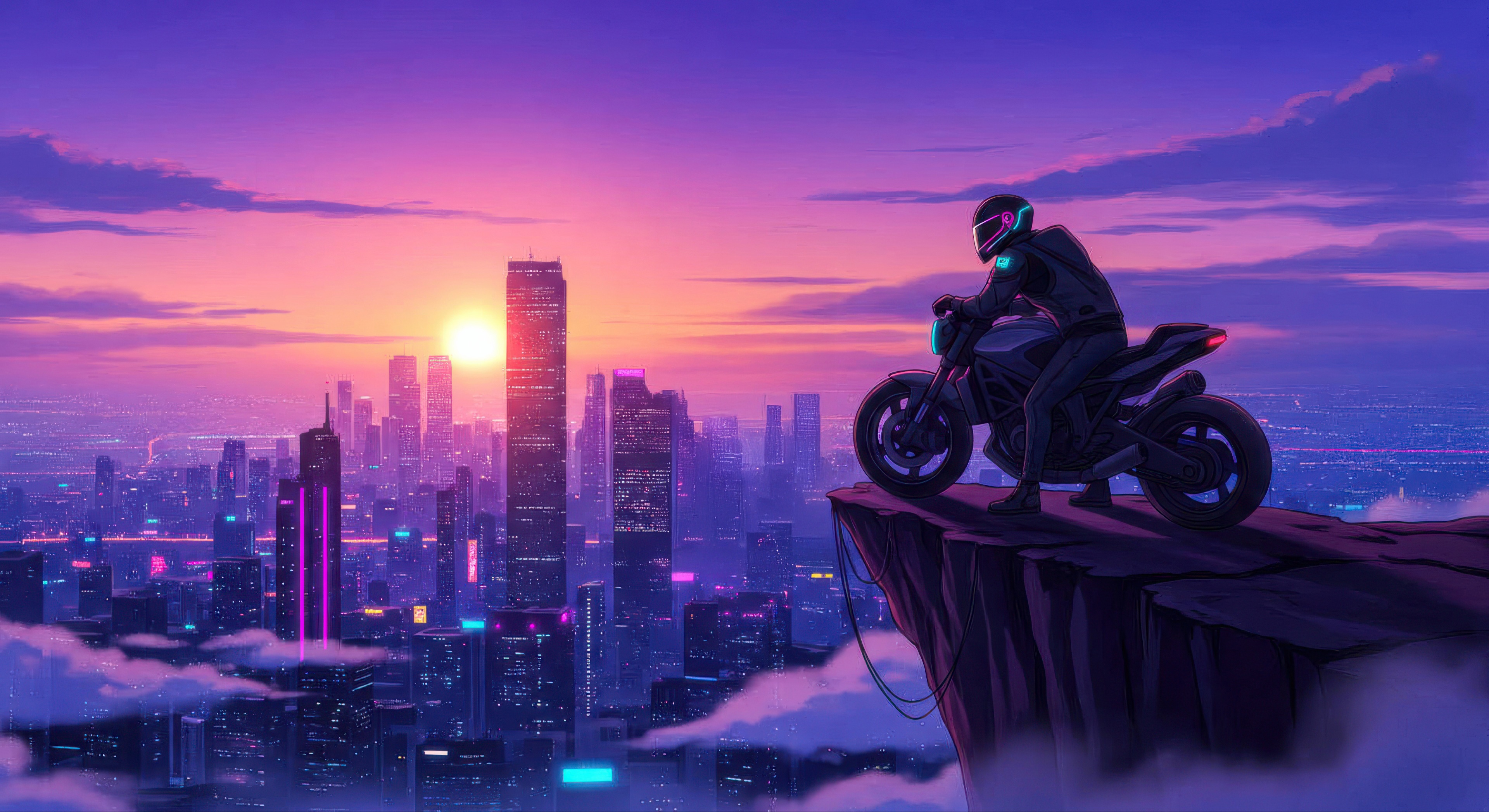 Cyberpunk Rider on Cliff Overlooking Futuristic City HD Wallpaper