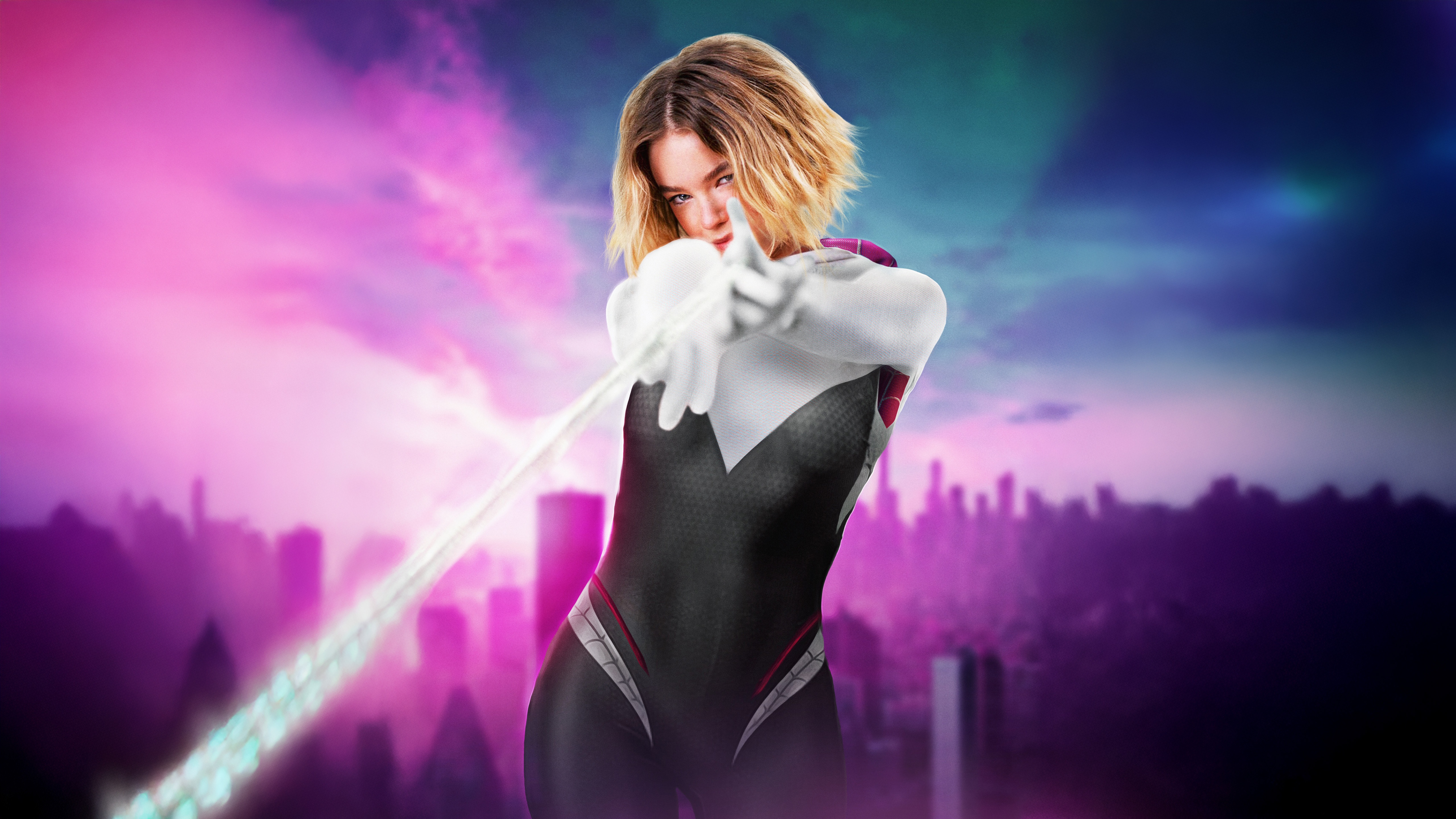 Milly Alcock as Spider-Gwen with a cityscape background HD Wallpaper