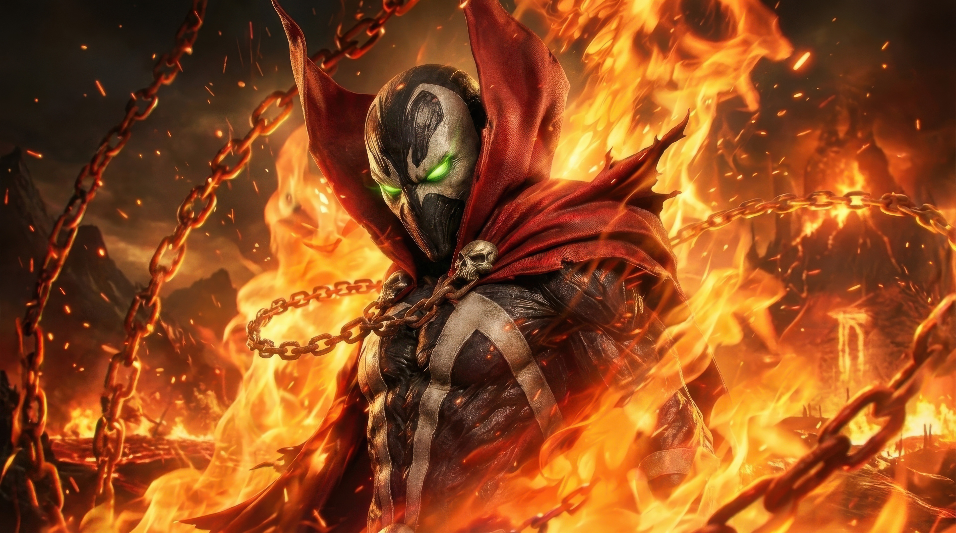Spawn surrounded by fire and chains HD Wallpaper