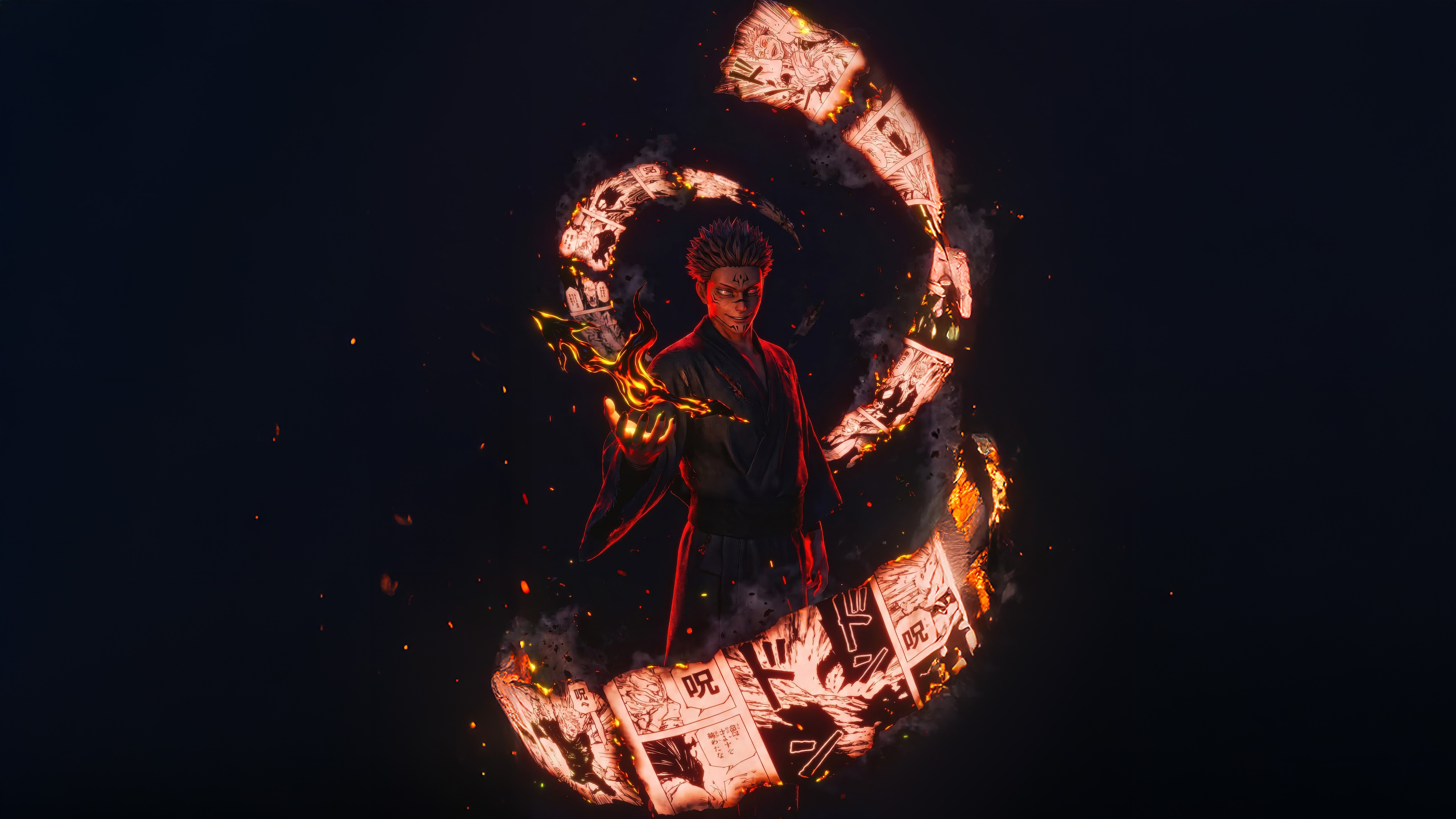 Ryomen Sukuna with fiery manga scroll HD Wallpaper