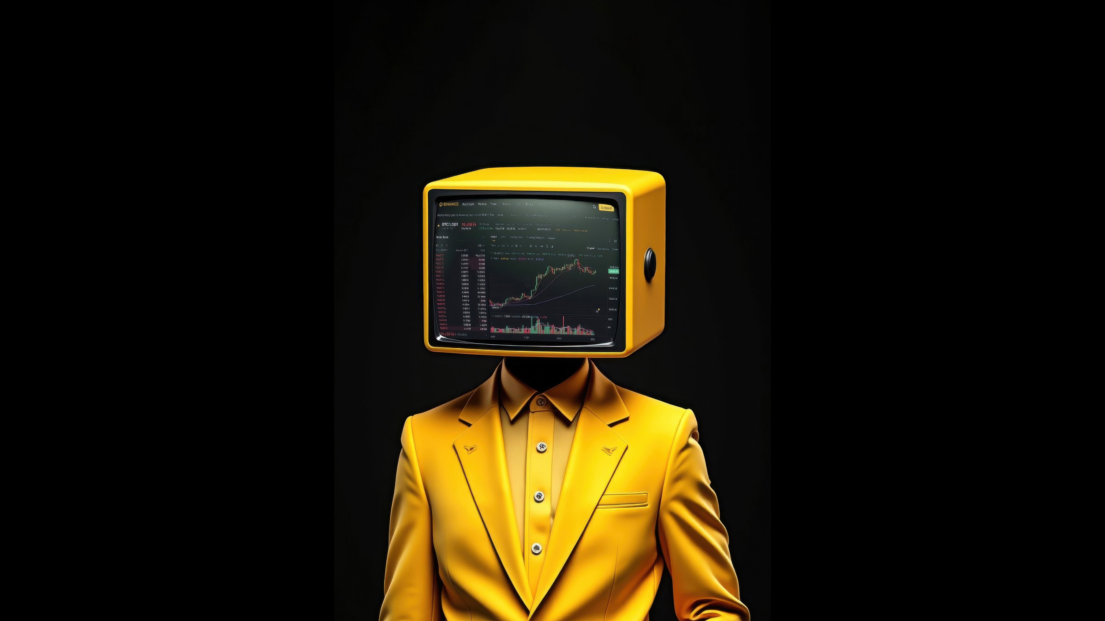 Man with a TV screen for a head displaying a stock chart HD Wallpaper