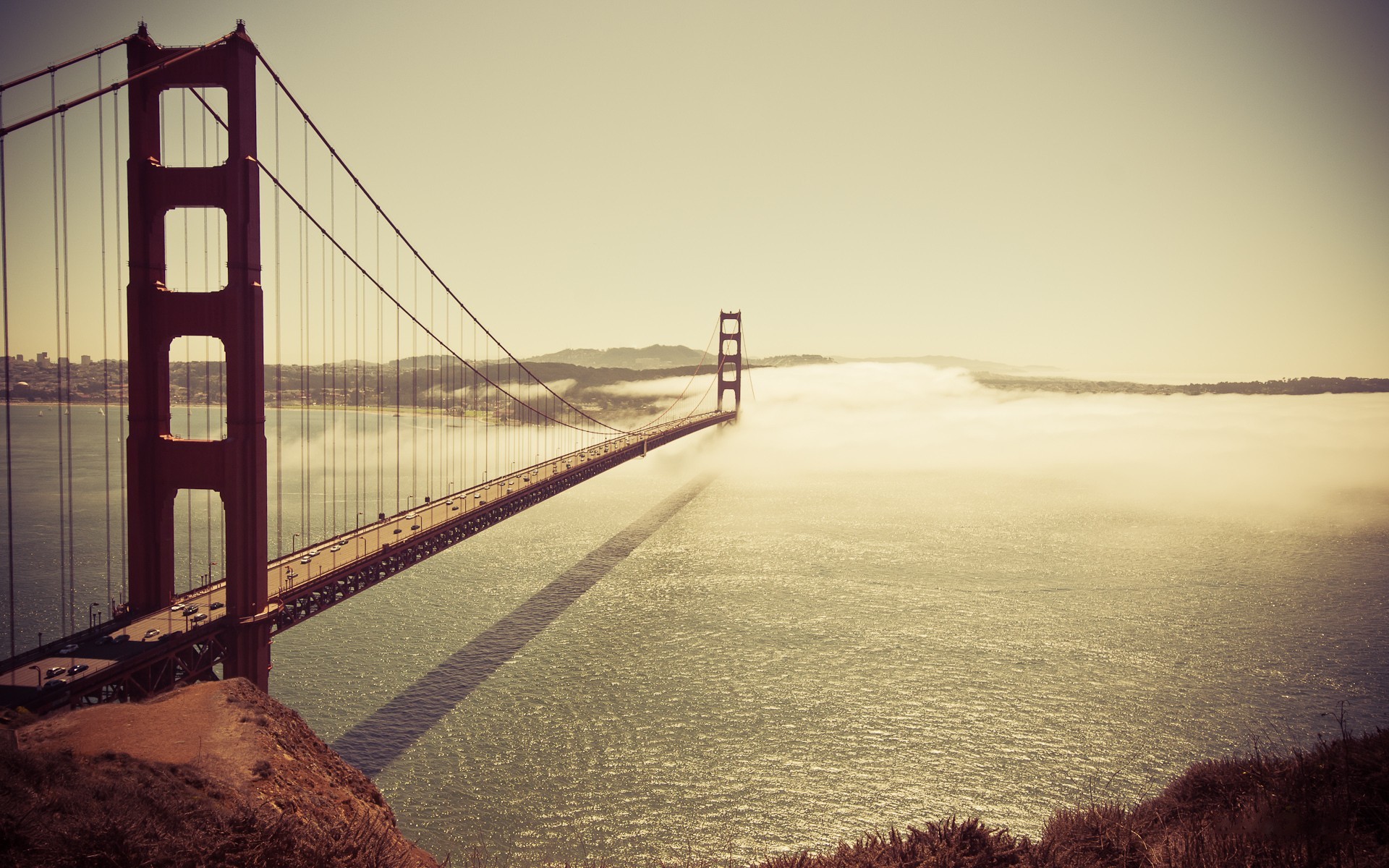 Golden Gate Bridge over foggy San Francisco Bay HD Wallpaper