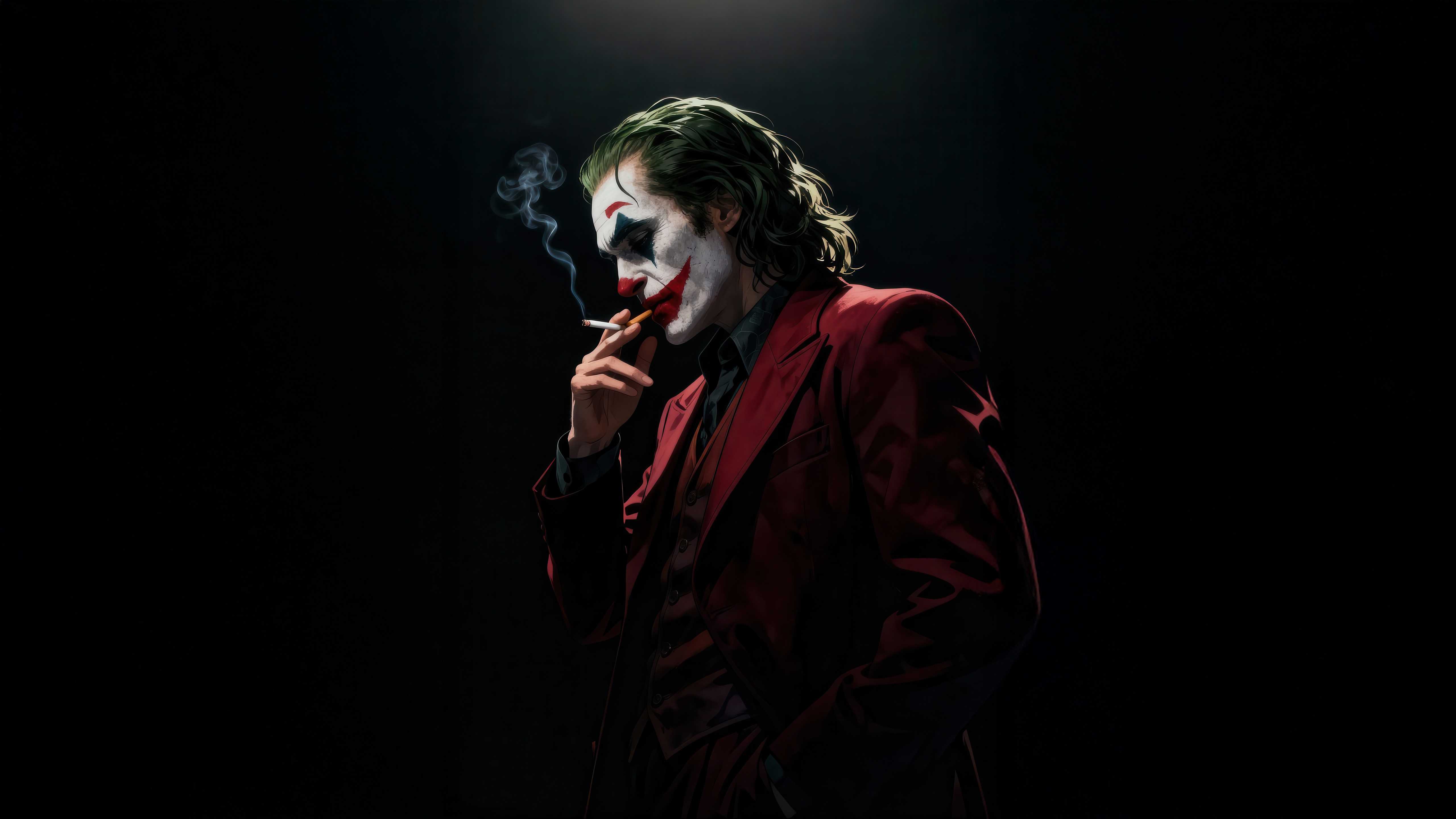 Joker smoking a cigarette in a red suit HD Wallpaper