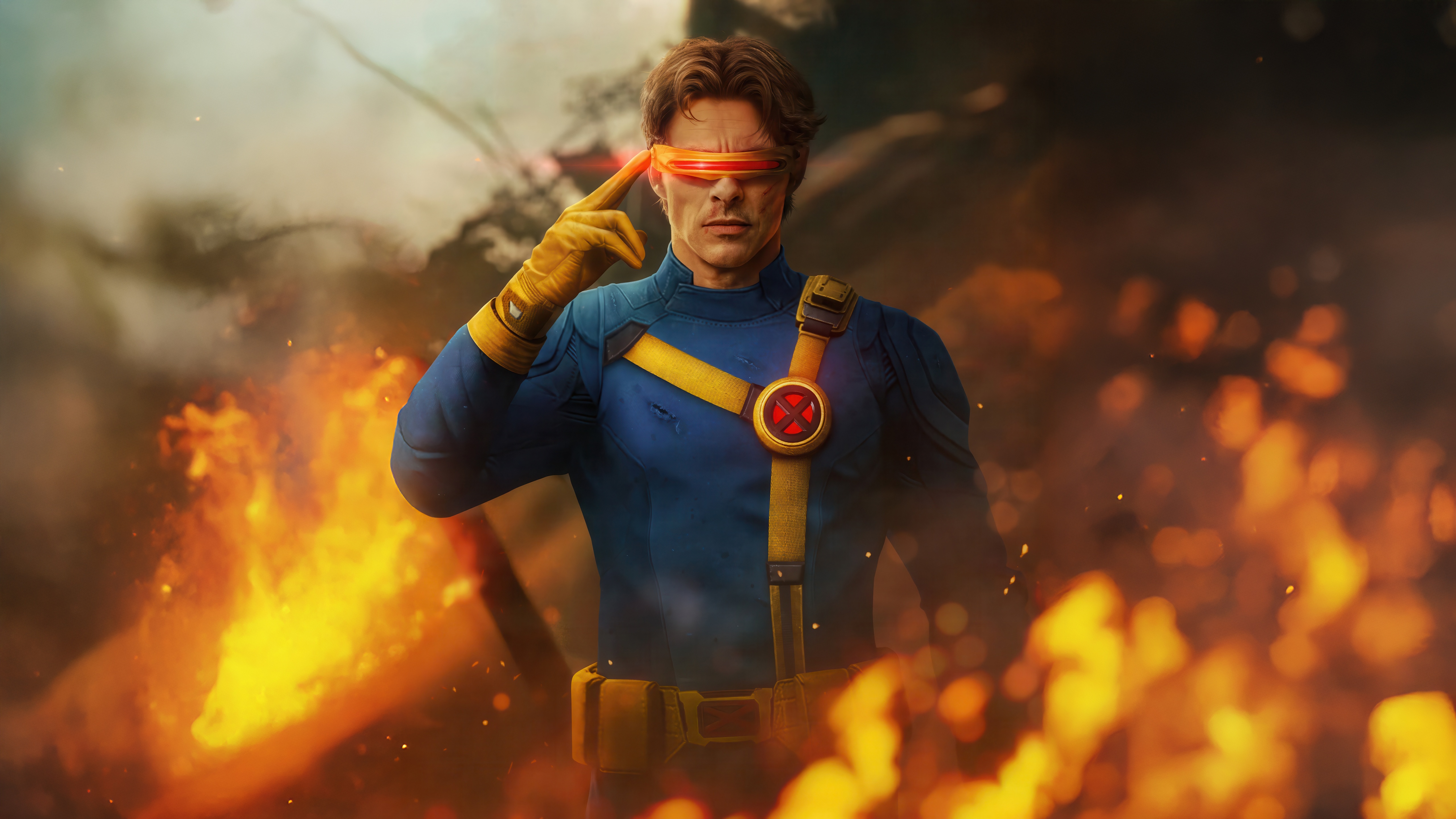 Cyclops from X-Men in front of fire HD Wallpaper