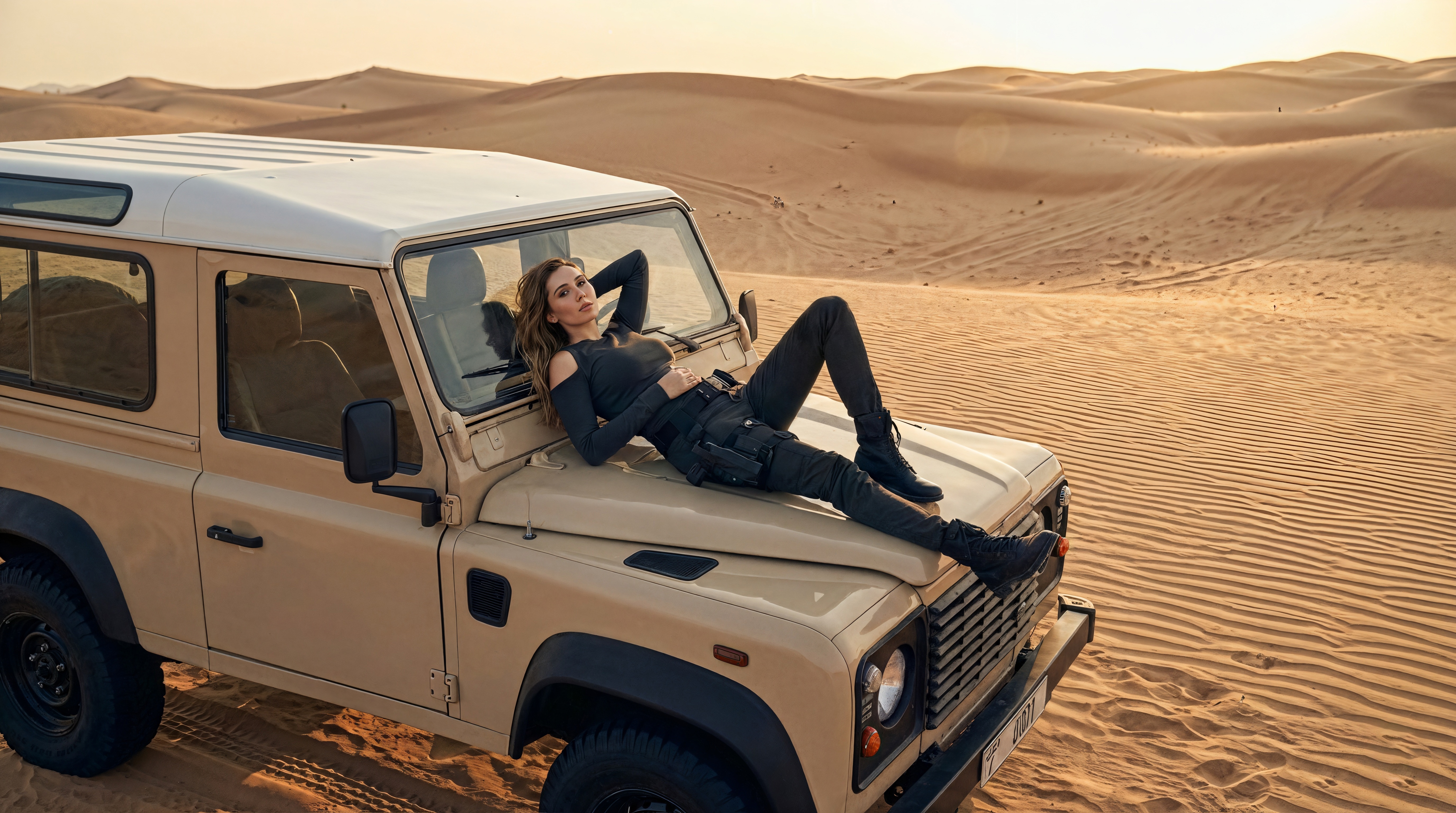 Woman lying on a jeep in the desert HD Wallpaper