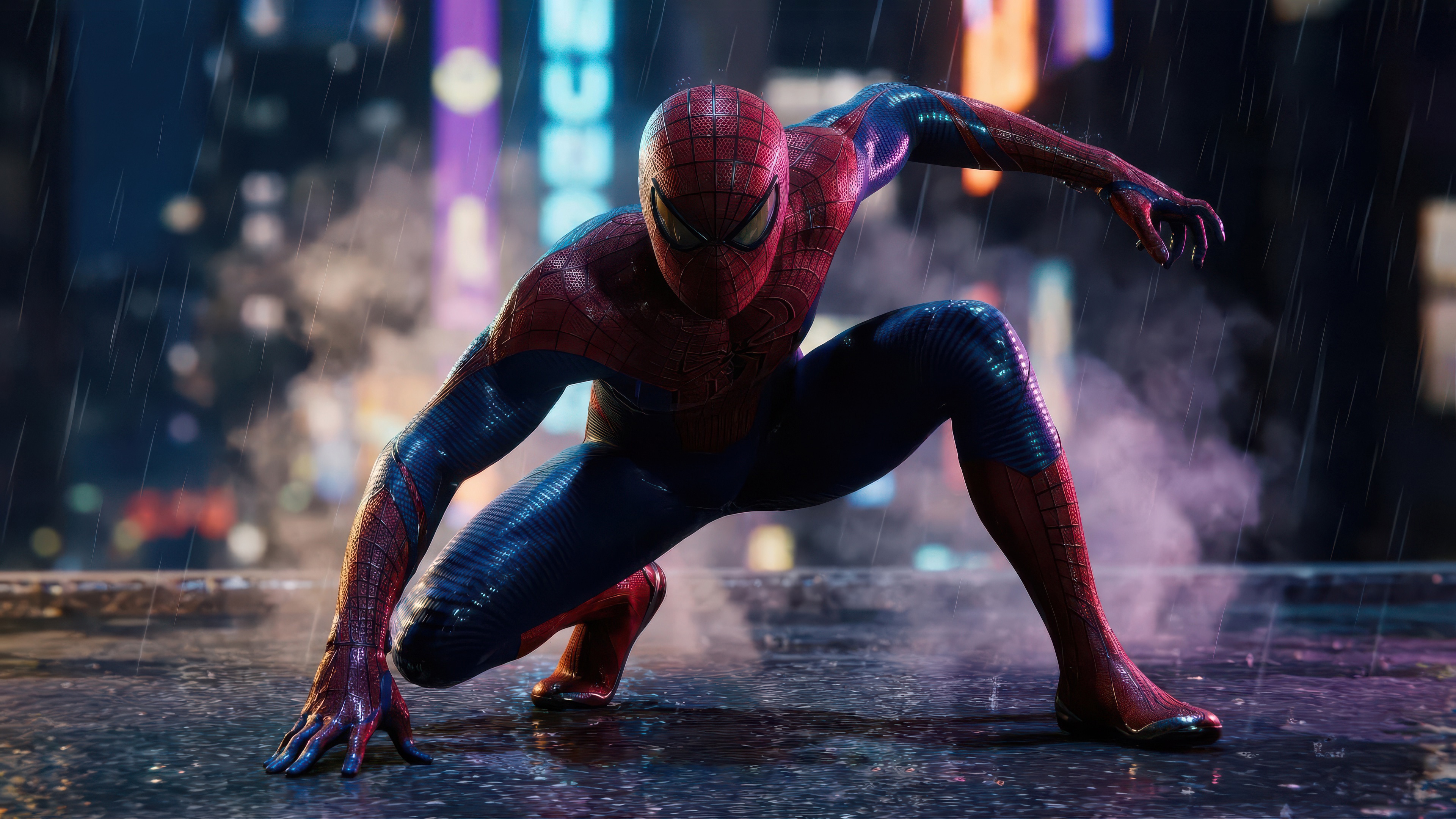 Spider-Man crouches on a wet rooftop at night HD Wallpaper