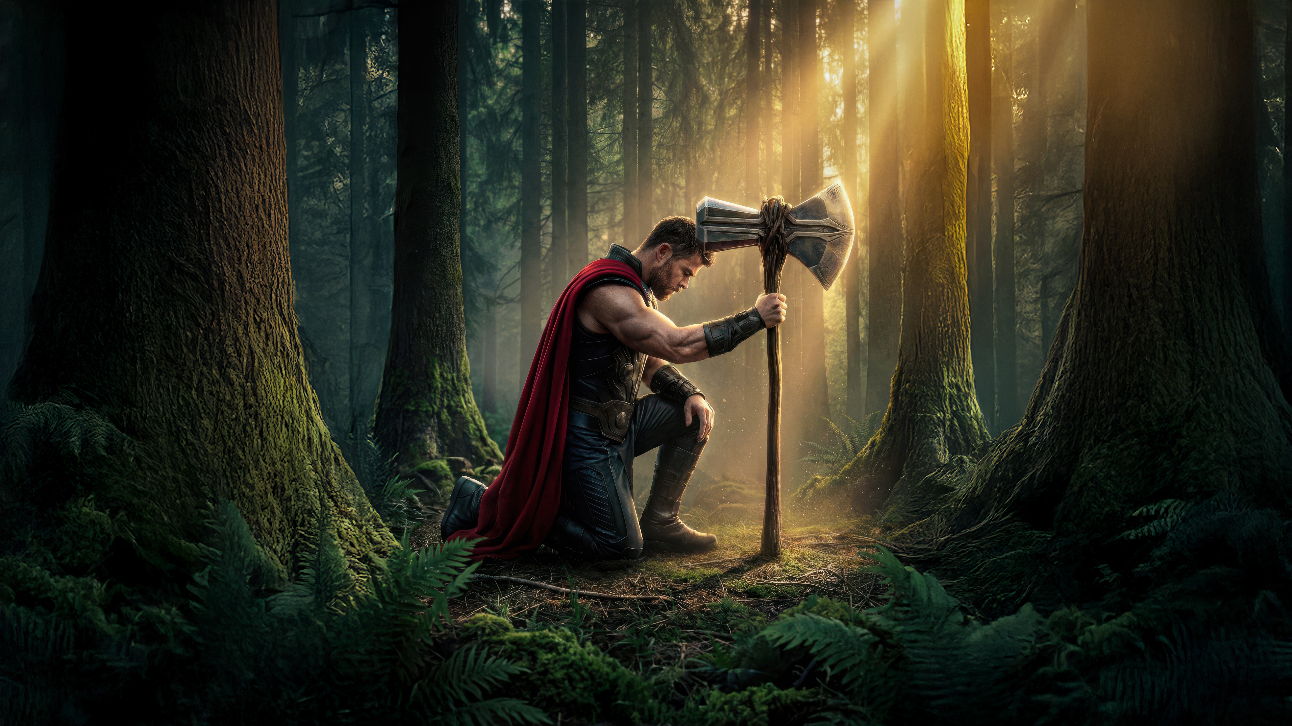 Thor kneeling with Mjolnir in a forest HD Wallpaper